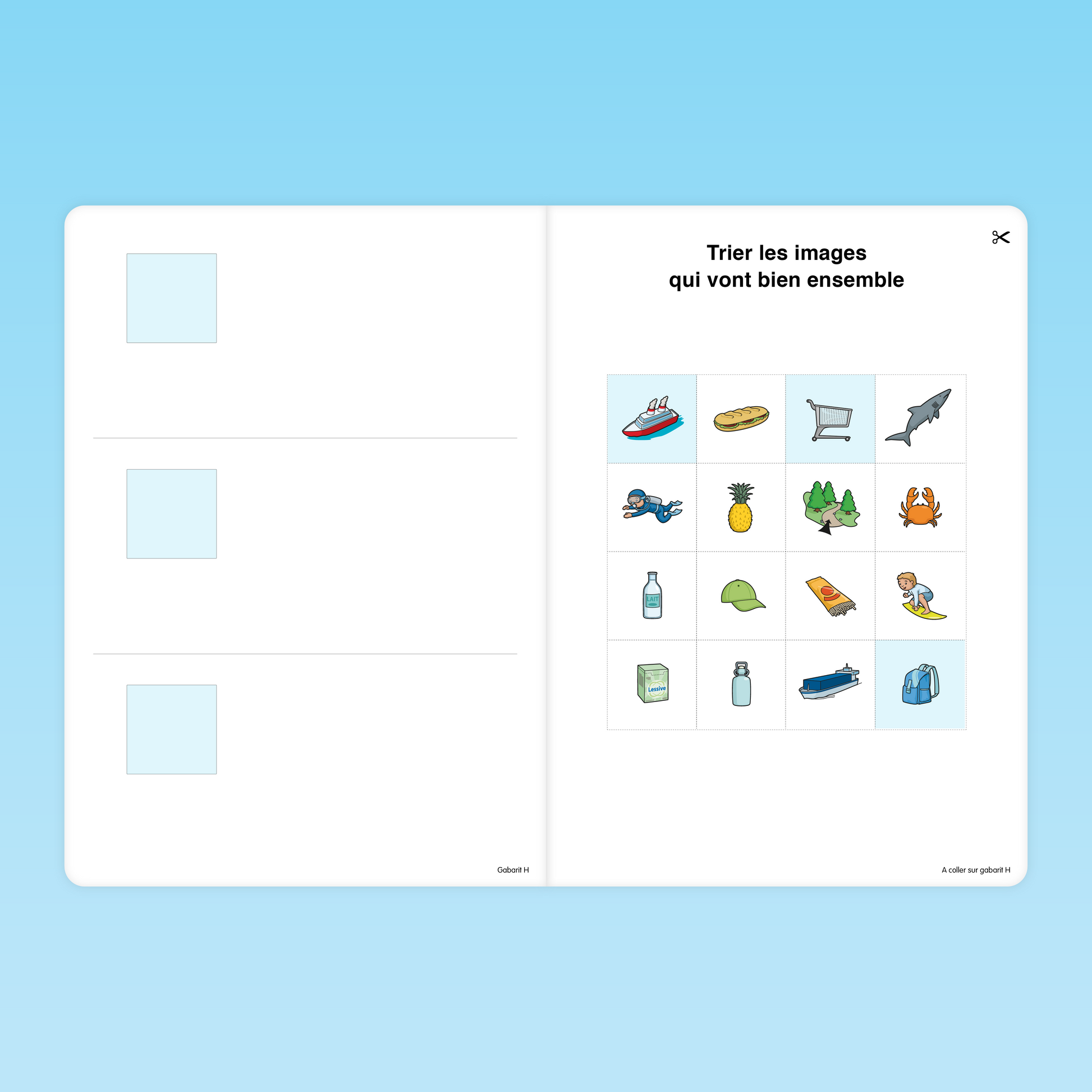 Fiche GS pour trier des images sur les thèmes de la plage, des aliments et des animaux marins, activité de tri visuel
