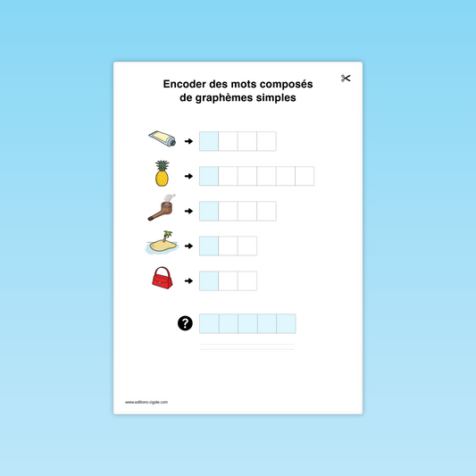 Fiche combinatoire CP : encoder des mots à partir d’images (colle, ananas, pipe, île, sac).