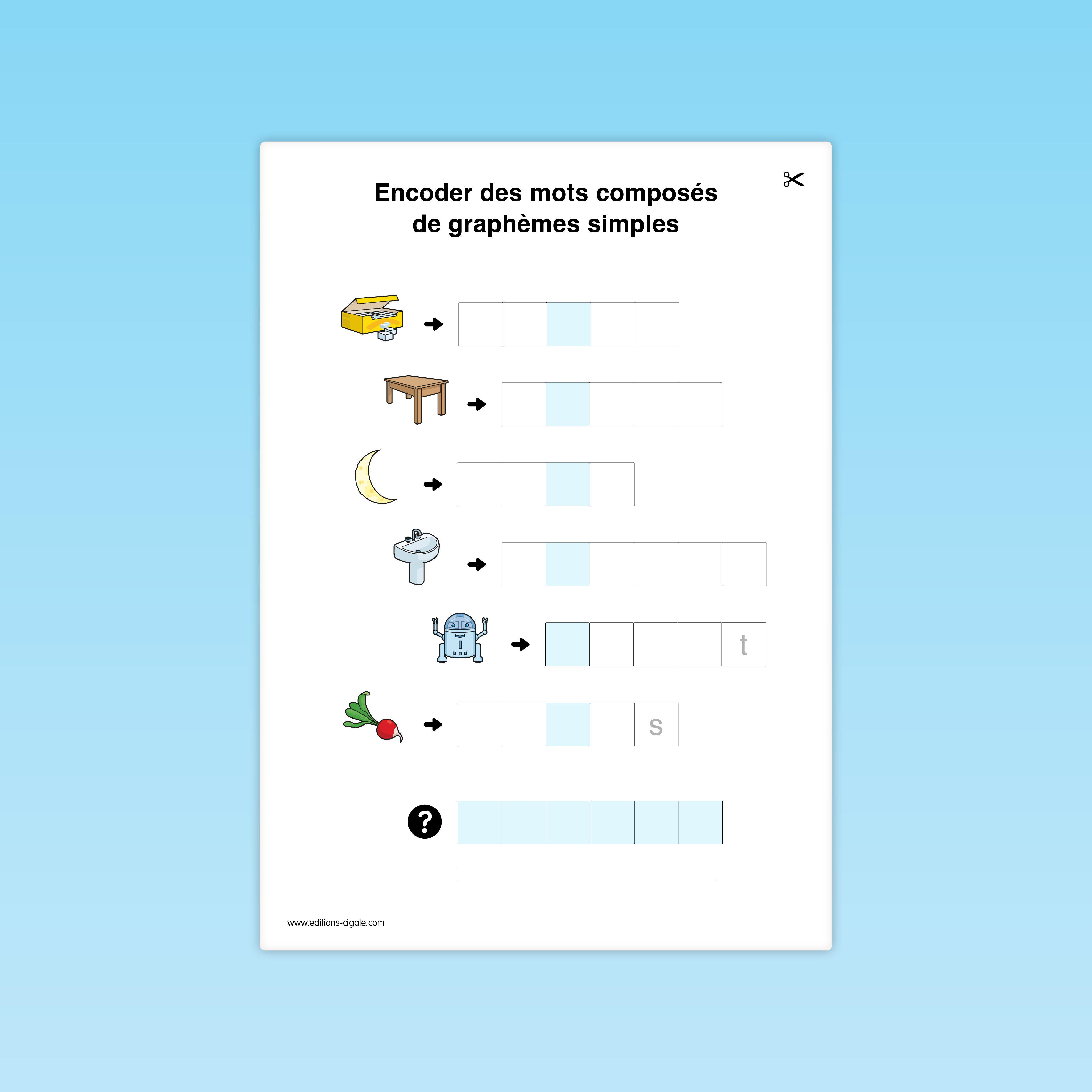 Fiche combinatoire CP : encoder des mots simples (sucre, table, lune, lavabo, robot).