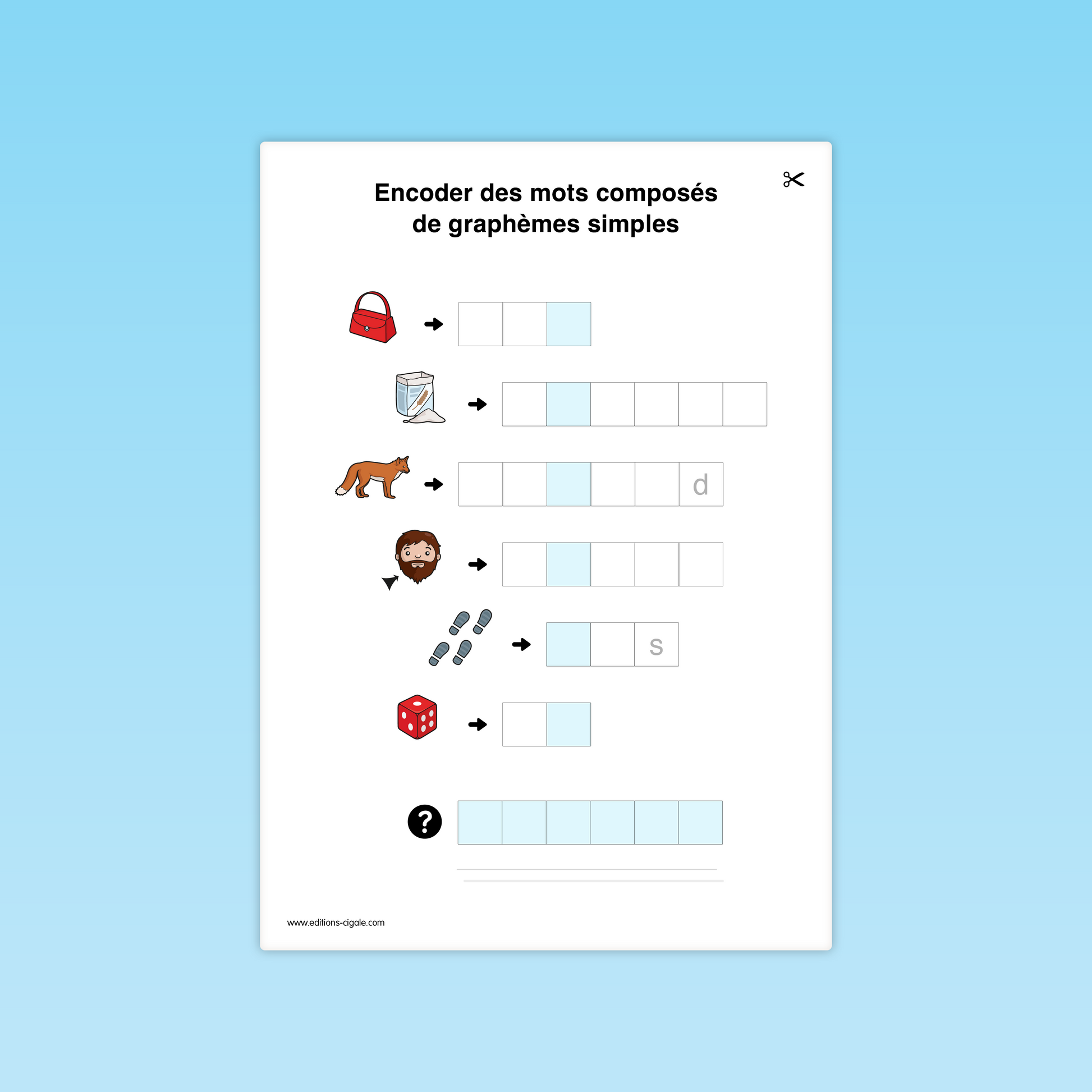 Fiche combinatoire CP : encoder des mots simples (sac, farine, renard, barbe, dés).