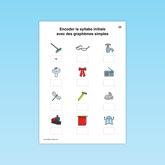 Activité combinatoire CP : encoder la syllabe initiale d’images variées (râteau, radio, rideau).