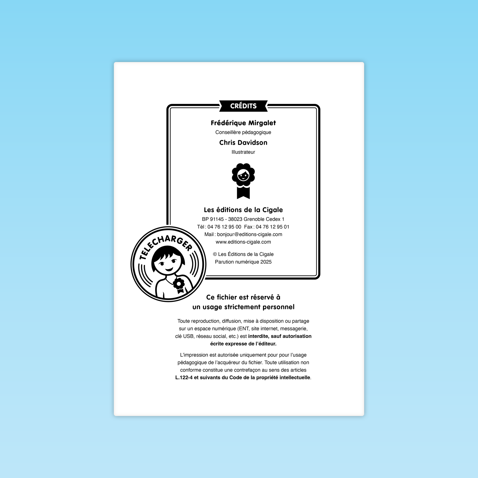 Page de crédits et mentions légales des fiches combinatoires CP des Éditions La Cigale.