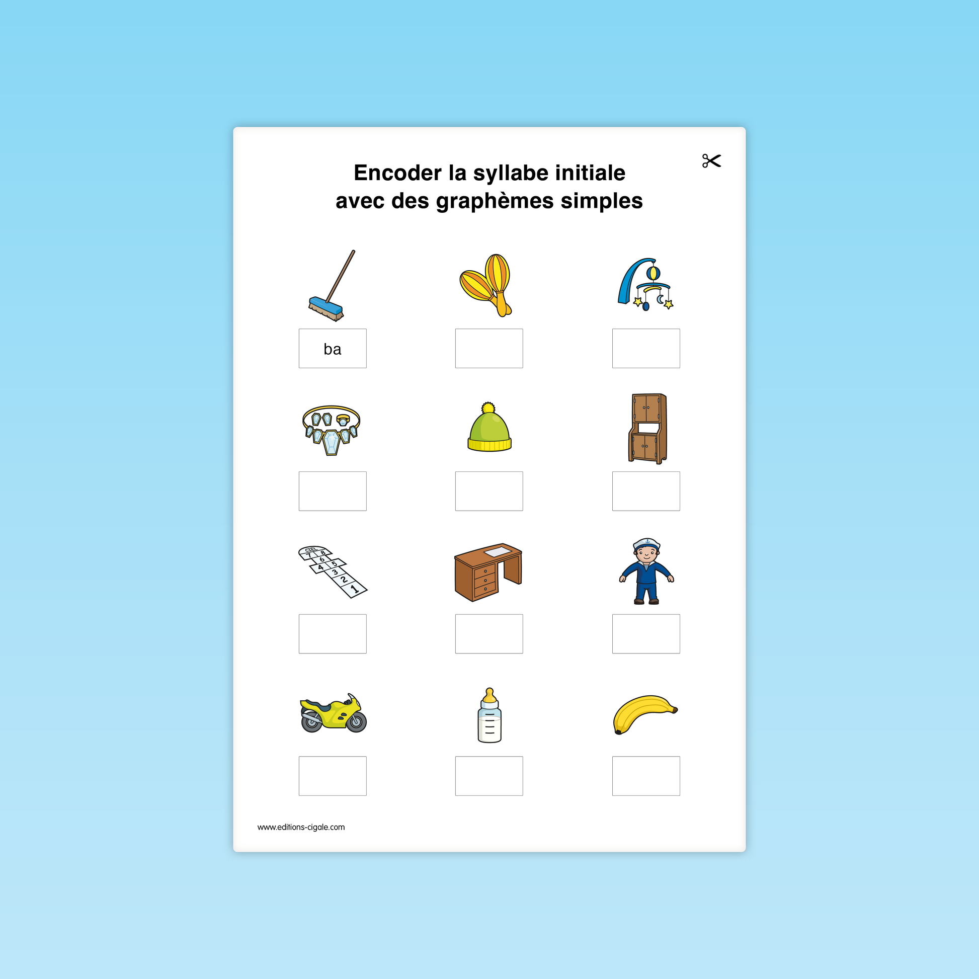 Fiche CP : écrire la syllabe initiale d’images illustrées (balai, bonnet, bureau, moto).