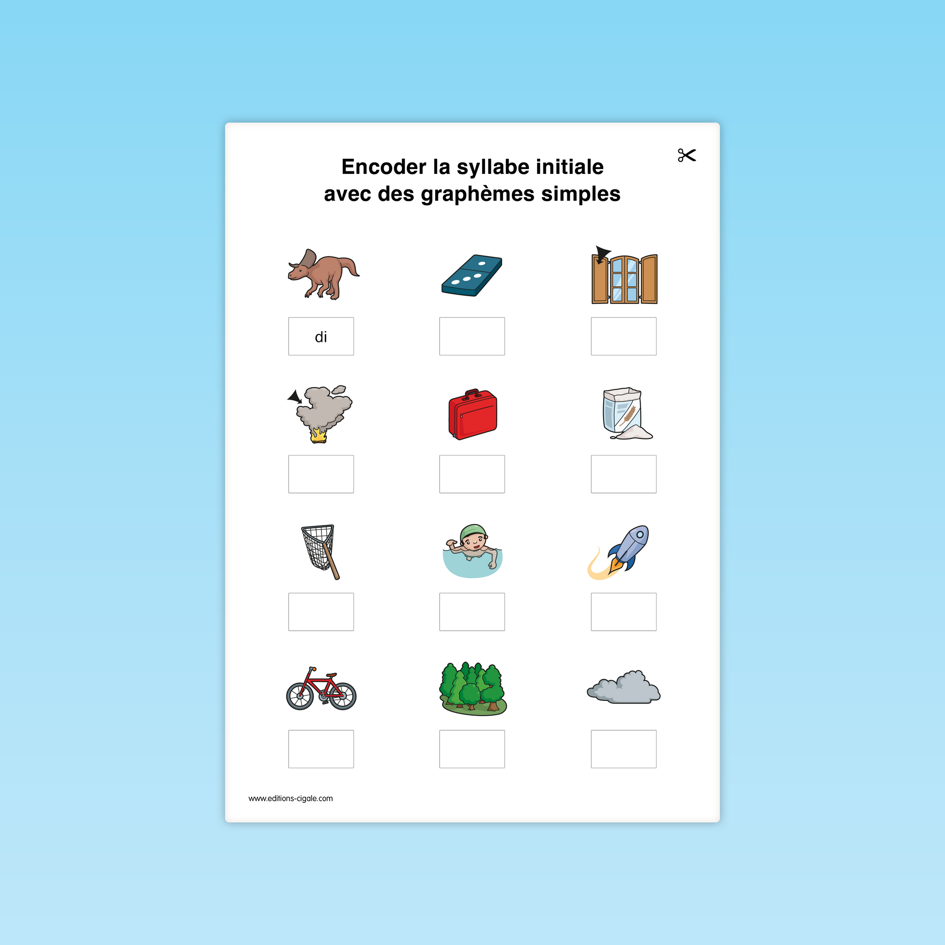 Activité combinatoire CP : encoder la syllabe initiale d’objets et animaux (dinosaure, valise, vélo, nuage).