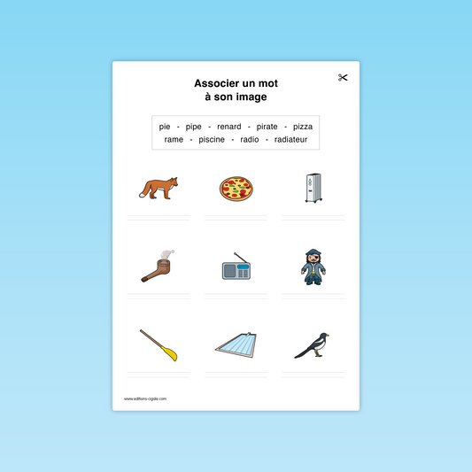 Fiche combinatoire CP : associer les mots à leurs images (renard, pizza, radio, pirate).
