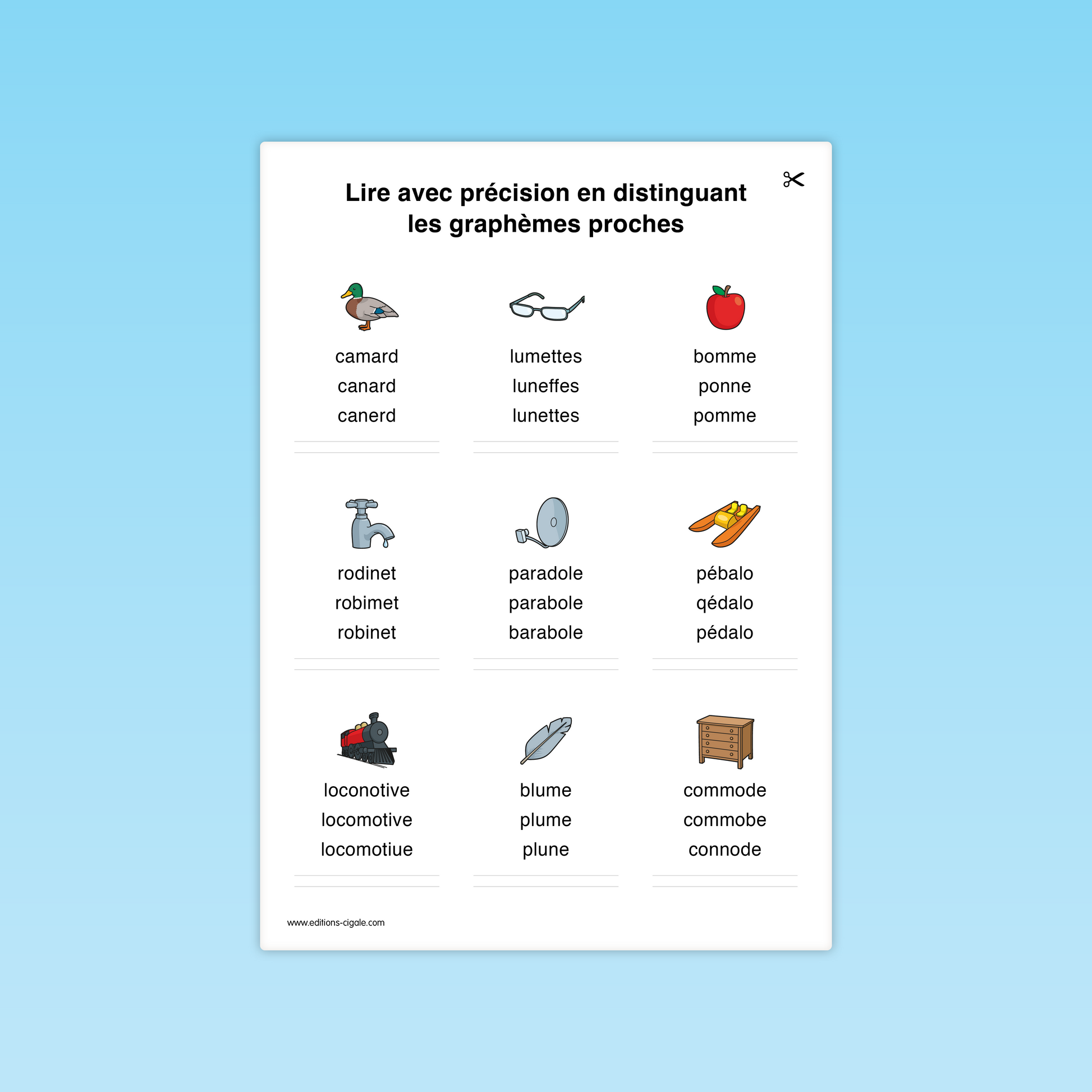 Fiche combinatoire CP : lire des mots simples en distinguant les graphèmes proches (canard, robinet, pédalo).