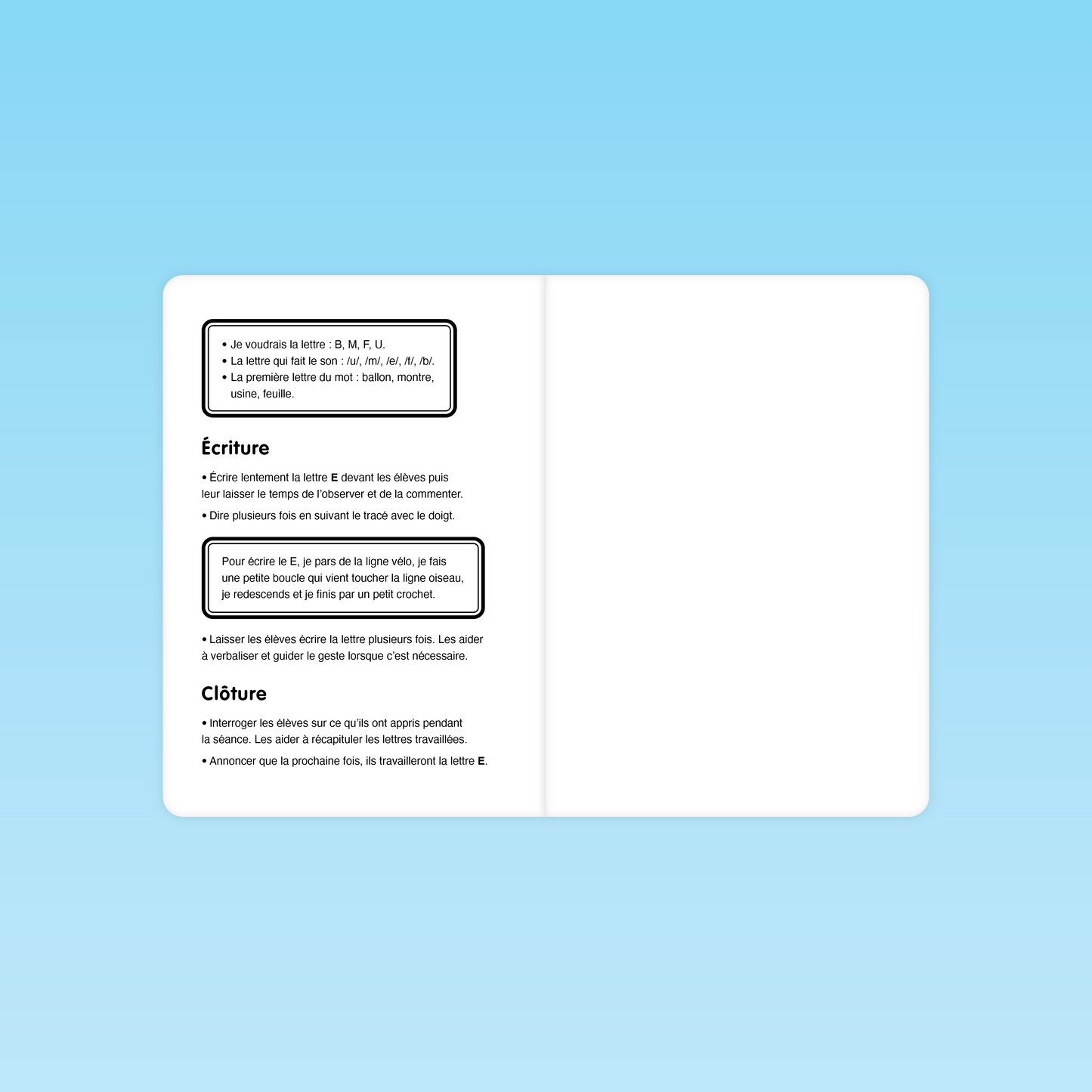 exercice d’écriture GS pour apprendre le geste graphique de la lettre E avec description du tracé et consignes orales