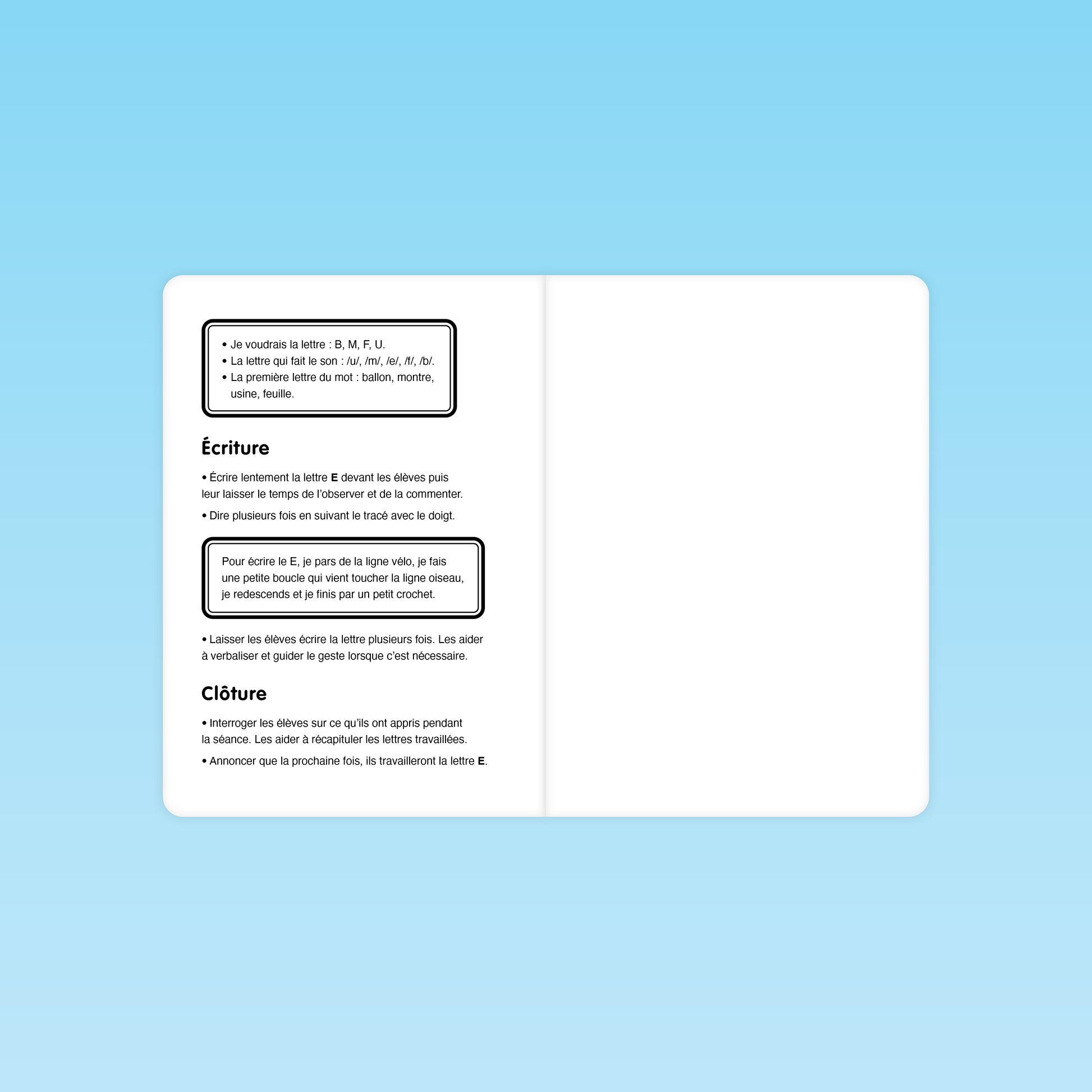 exercice d’écriture GS pour apprendre le geste graphique de la lettre E avec description du tracé et consignes orales