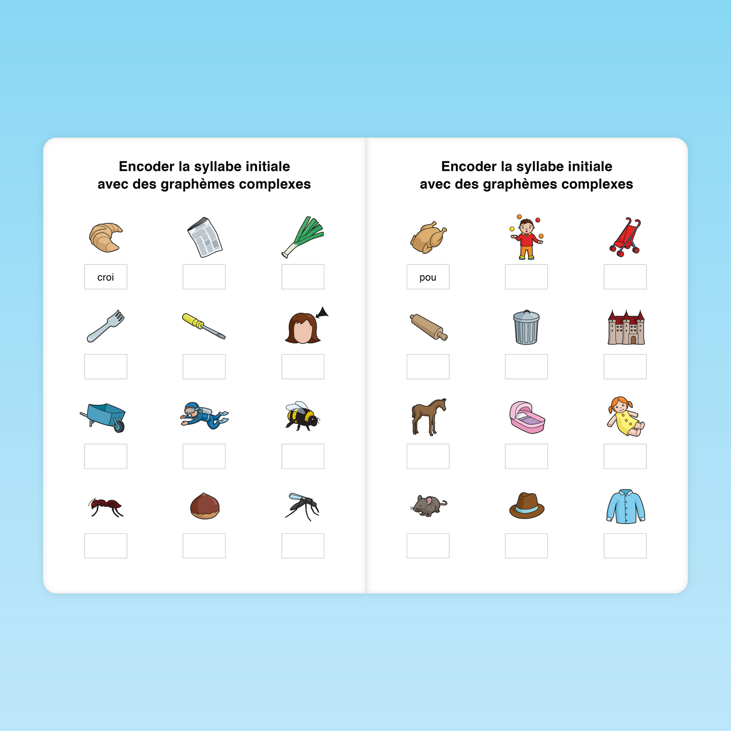 Exercice CP pour encoder la syllabe initiale de mots avec des graphèmes complexes – apprentissage de la combinatoire syllabique