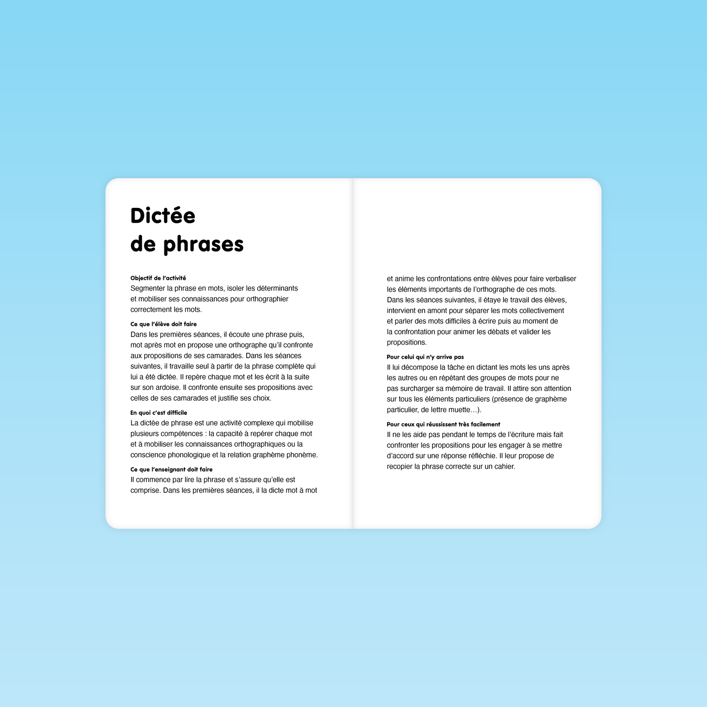 Fiche enseignant expliquant la dictée de phrases avec les graphèmes complexes au CP-CE