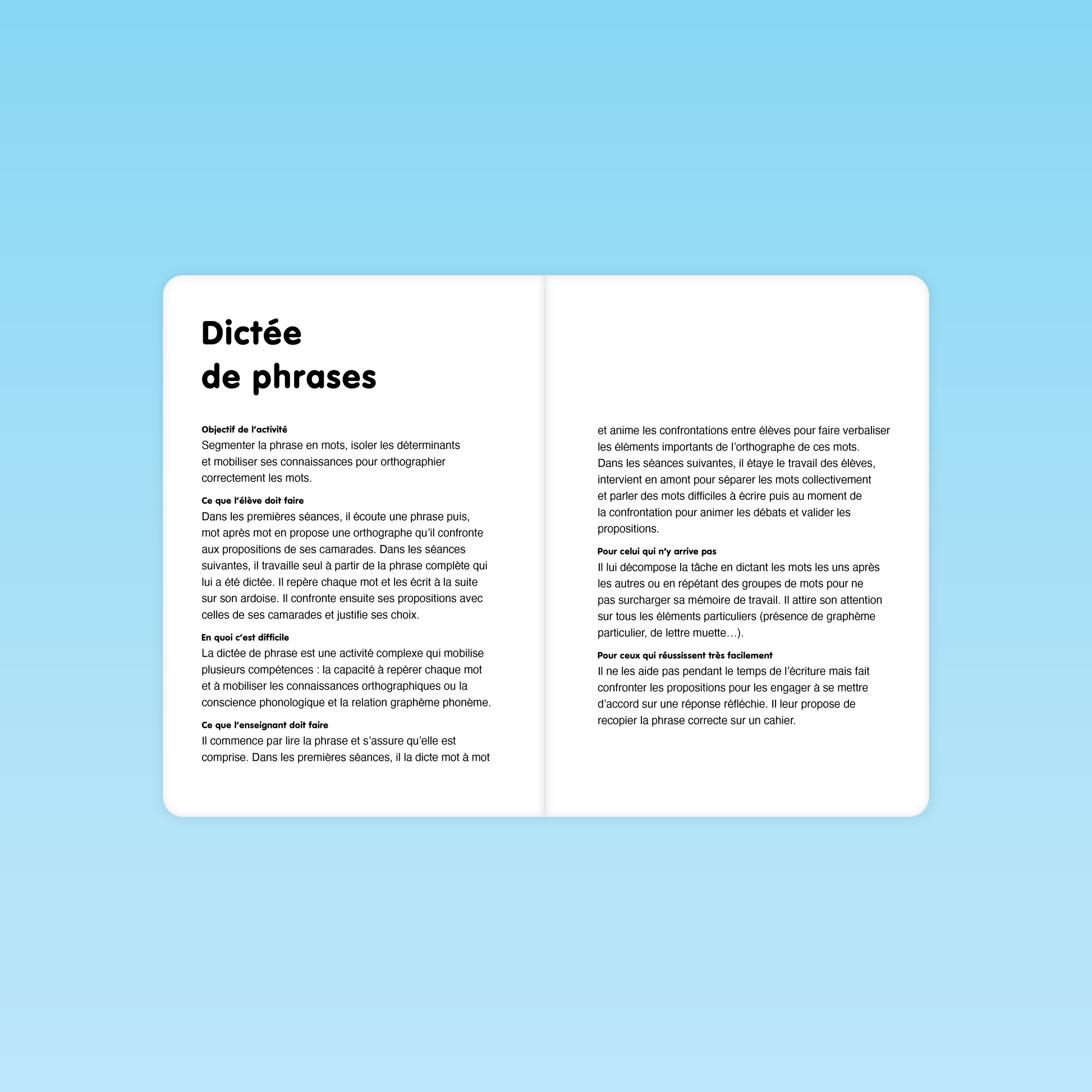 Fiche enseignant expliquant la dictée de phrases avec les graphèmes complexes au CP-CE