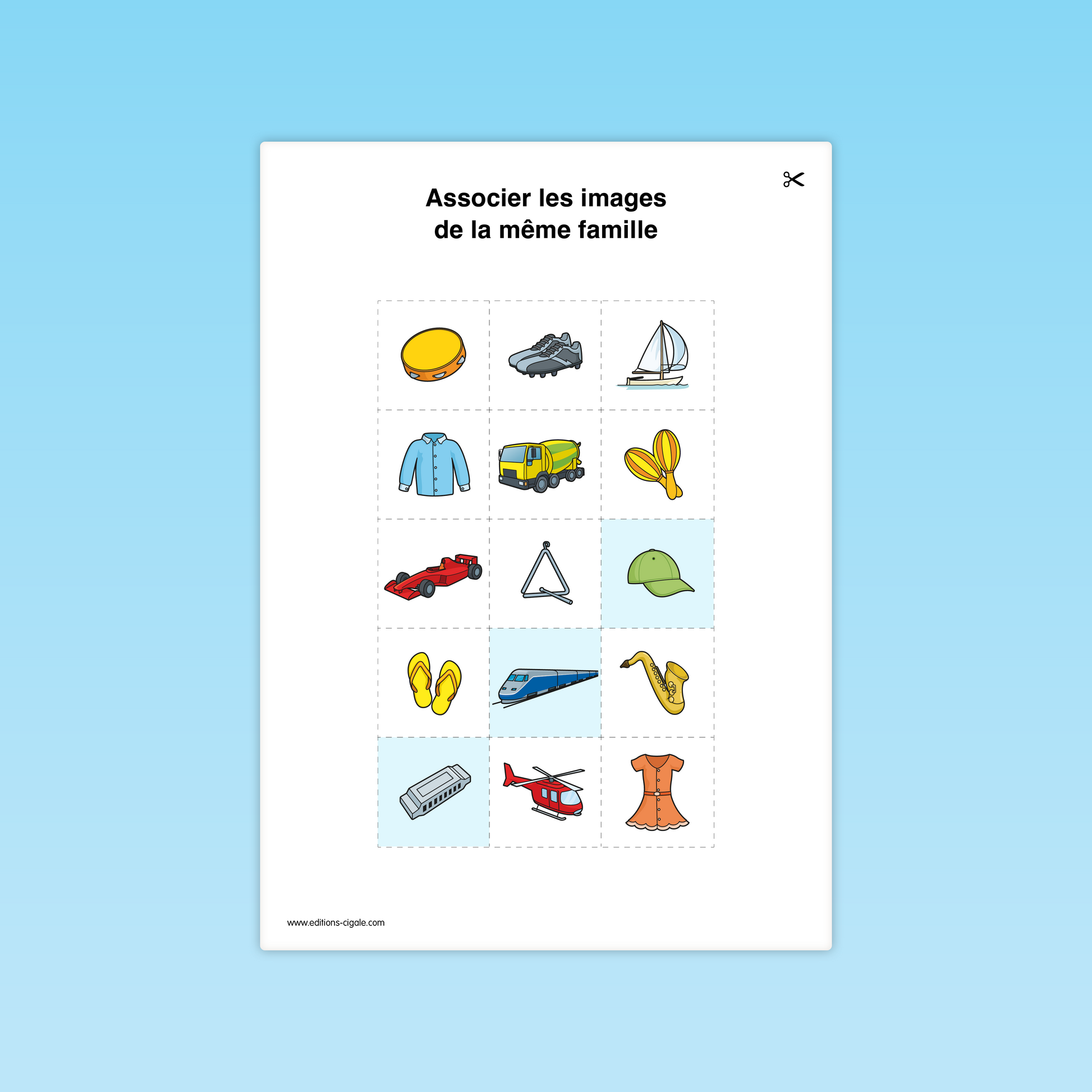 Activité GS : regrouper les images appartenant à la même catégorie (vêtements, sports, transports).