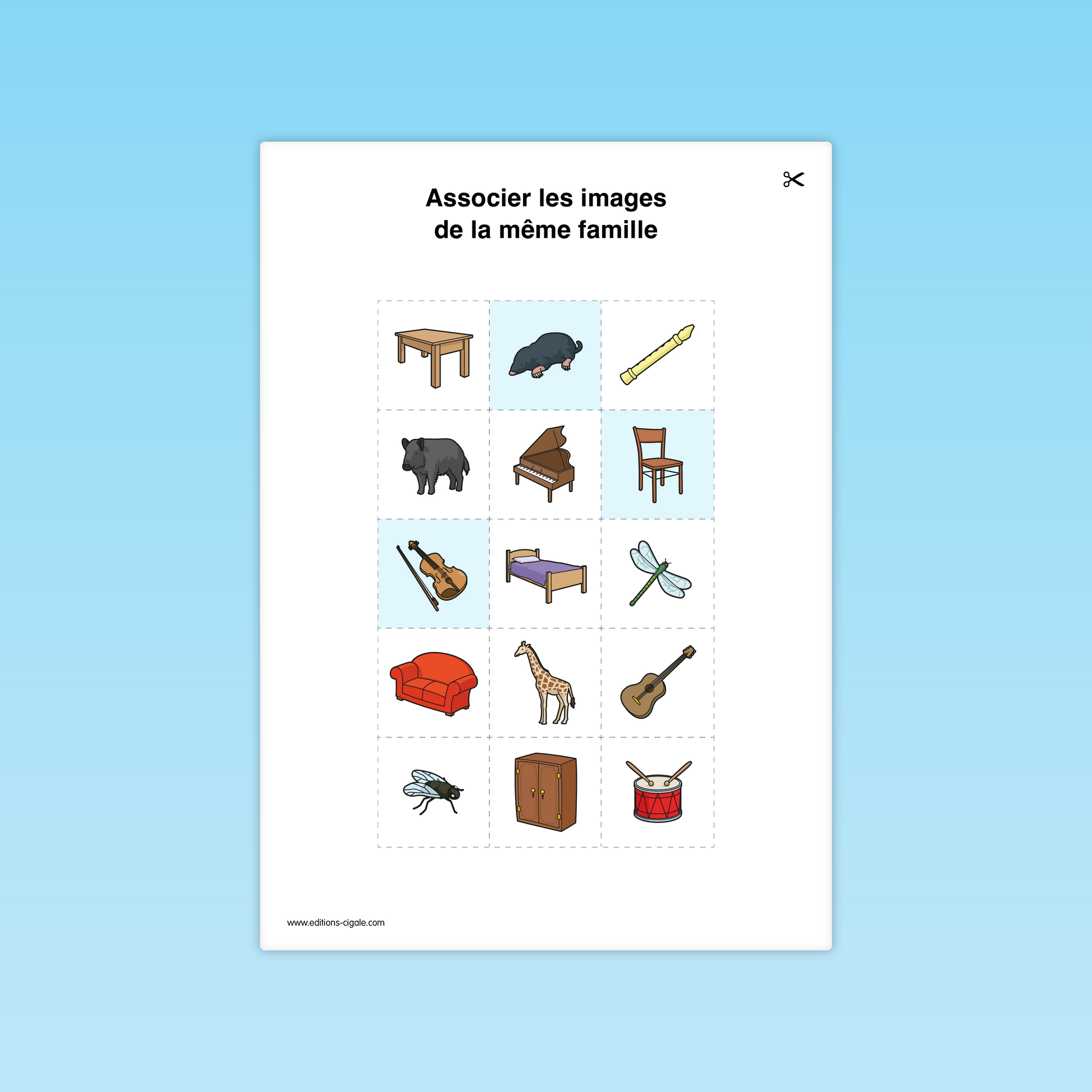 Fiche vocabulaire GS : regrouper des images appartenant à la même catégorie (instruments, animaux, meubles).