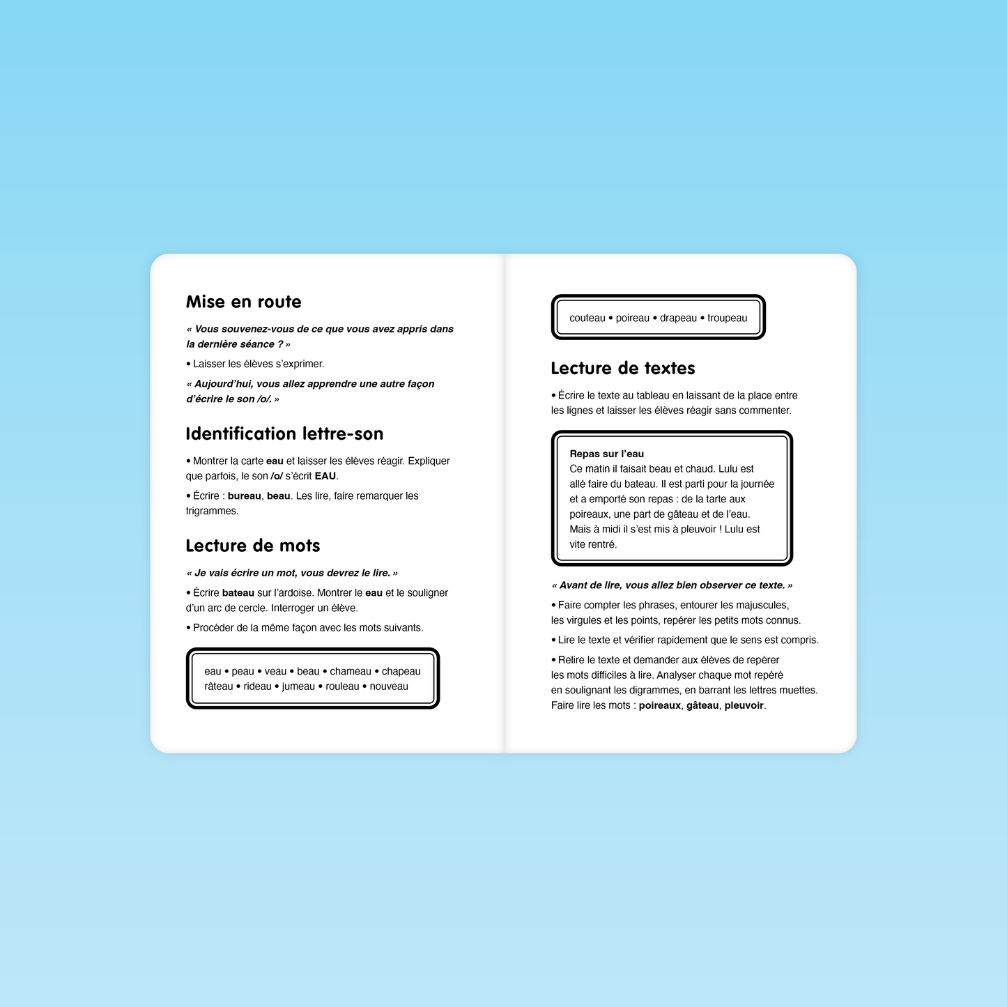 Fiche pédagogique sur la lecture de textes avec le graphème complexe EAU