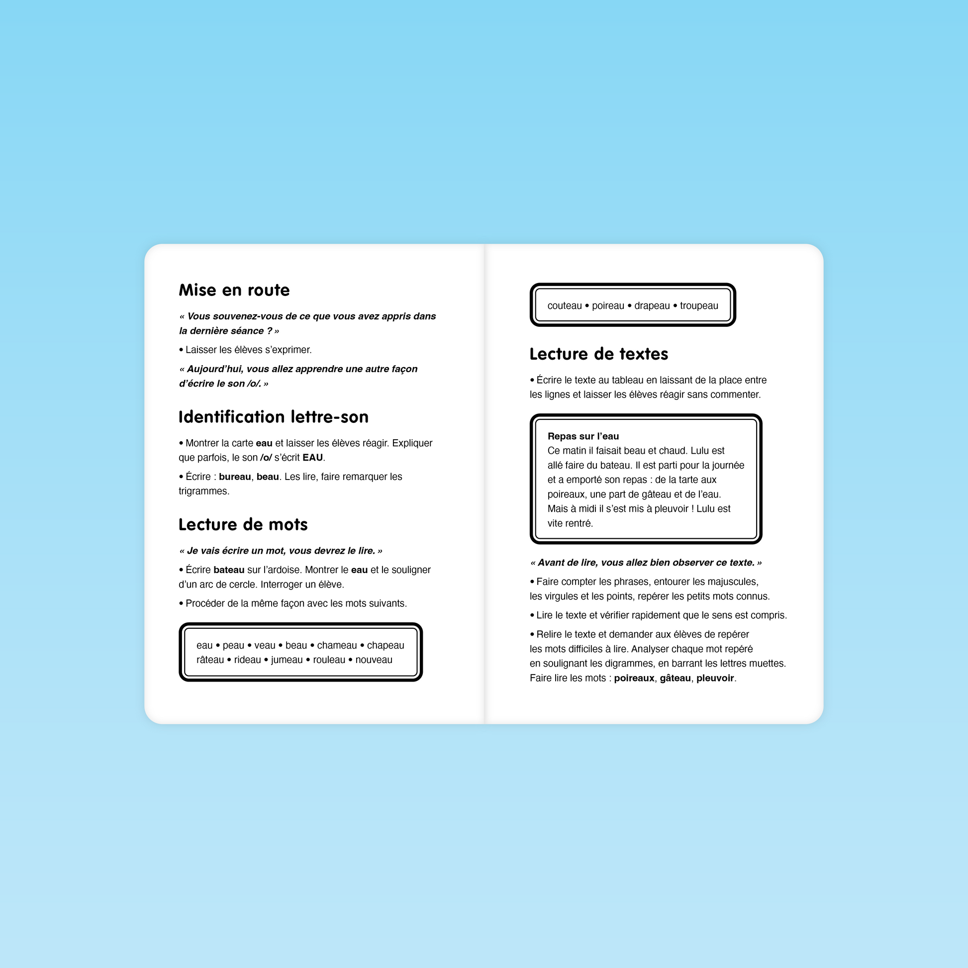 Fiche pédagogique sur la lecture de textes avec le graphème complexe EAU
