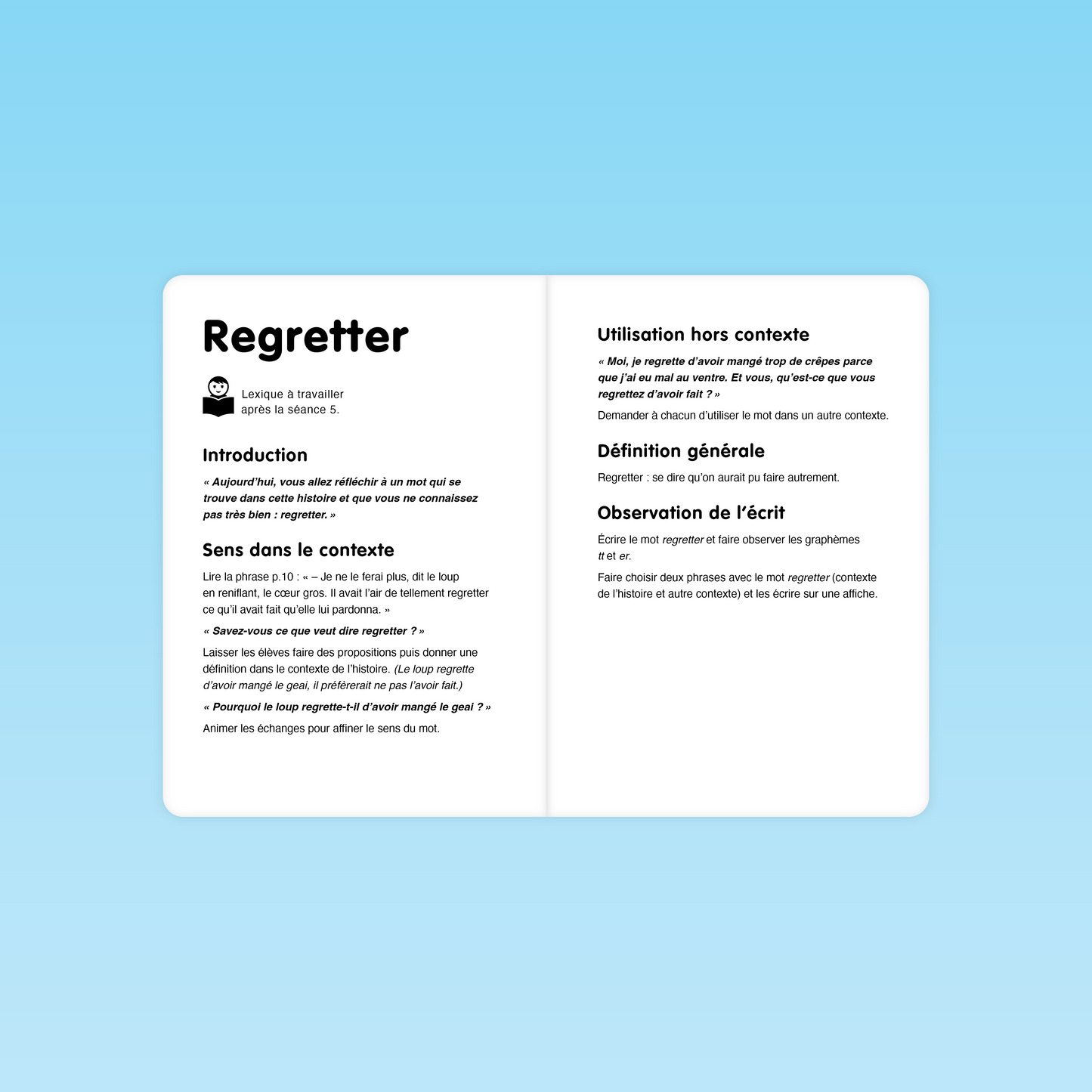 Fiche de vocabulaire CP sur le mot regretter tiré du texte Marlaguette