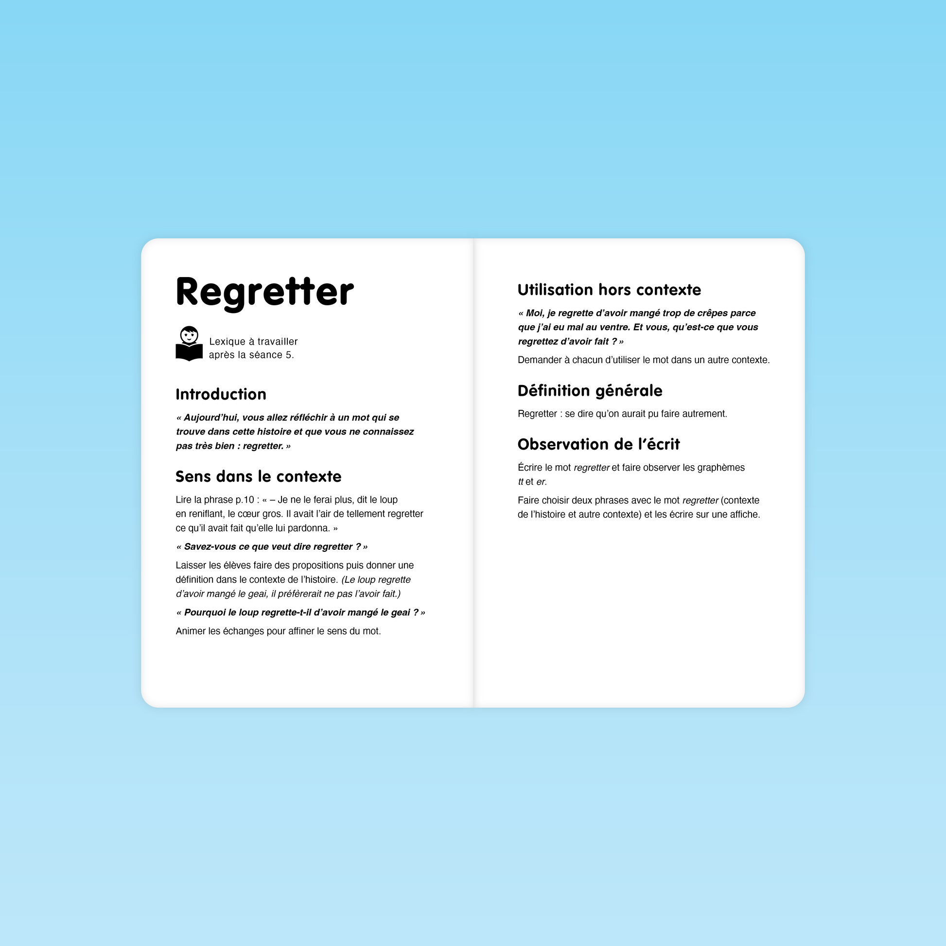 Fiche de vocabulaire CP sur le mot regretter tiré du texte Marlaguette