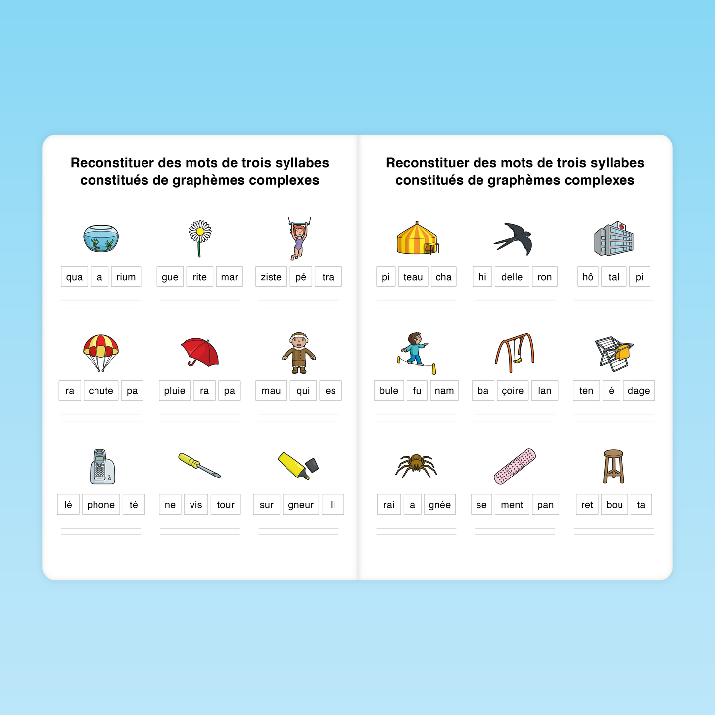 Exercice CP pour reconstituer des mots de trois syllabes avec des graphèmes complexes – lecture et combinatoire phonologique