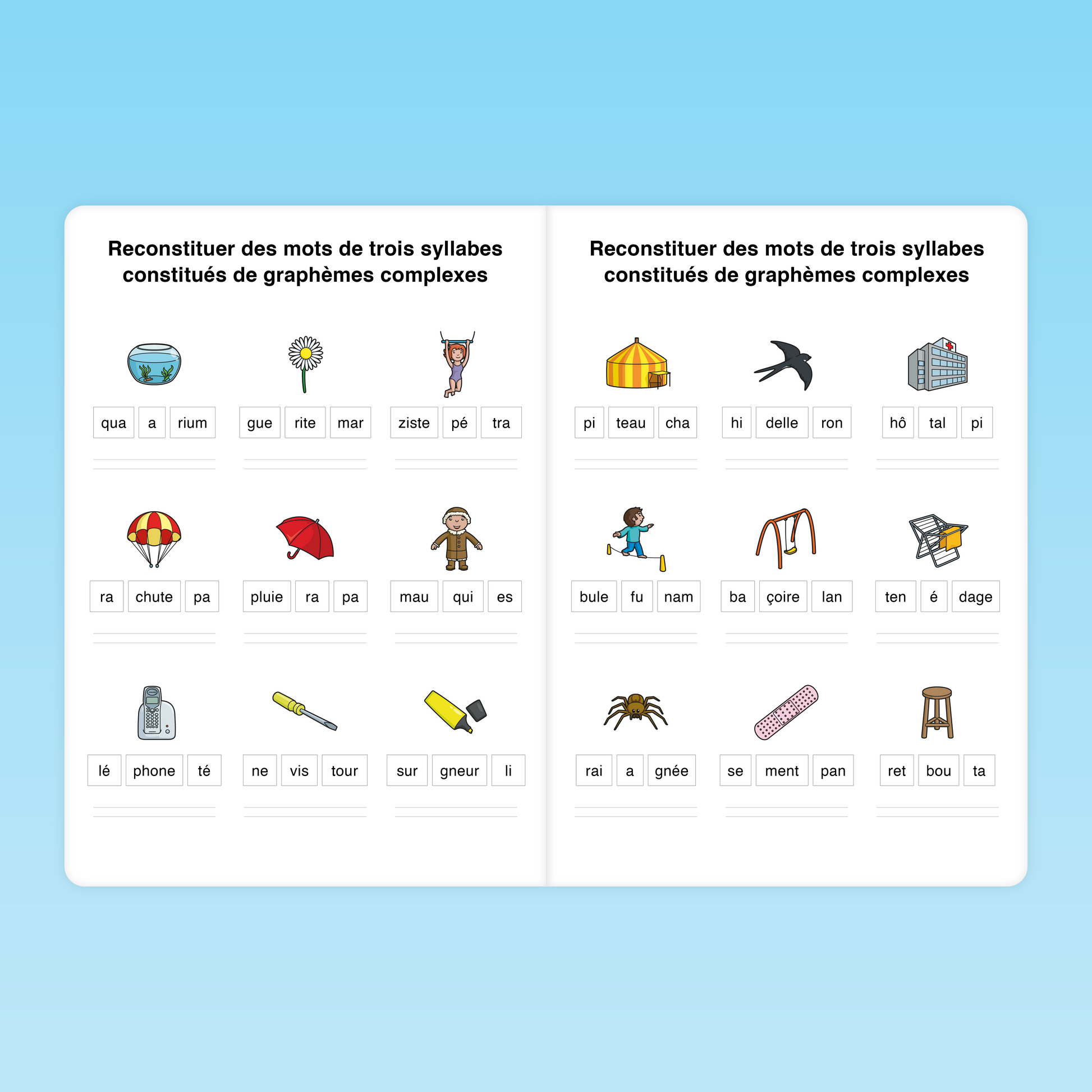 Exercice CP pour reconstituer des mots de trois syllabes avec des graphèmes complexes – lecture et combinatoire phonologique