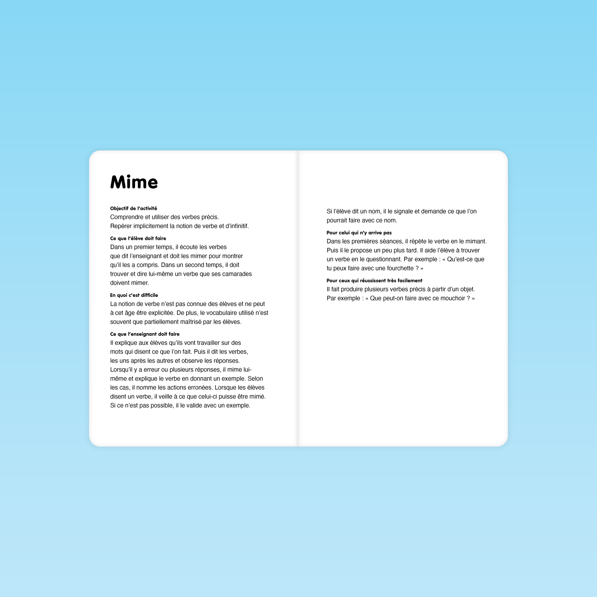 Fiche d'activité de mime pour identifier et comprendre les verbes en grande section
