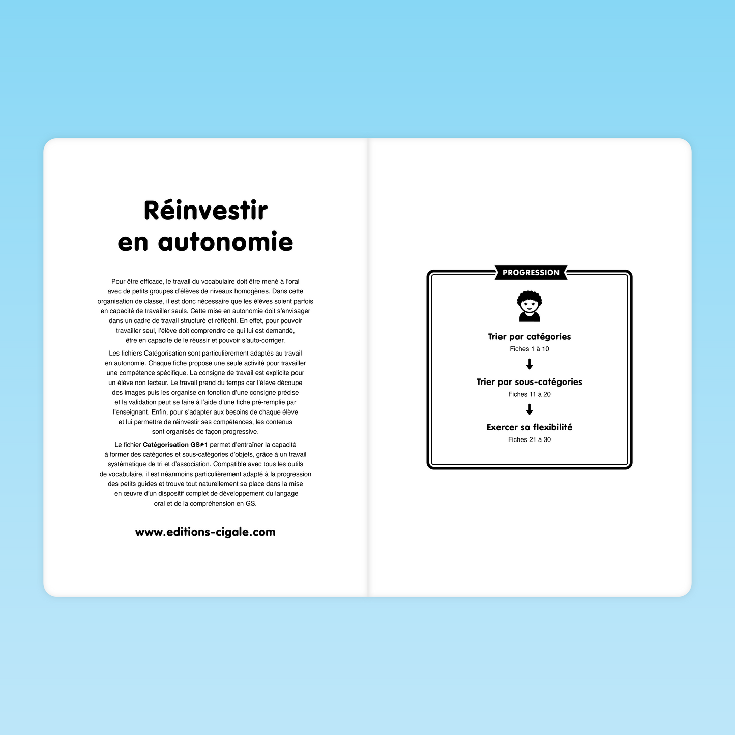 Double page présentant la progression des fiches de catégorisation taxonomique GS et le travail en autonomie de l’élève