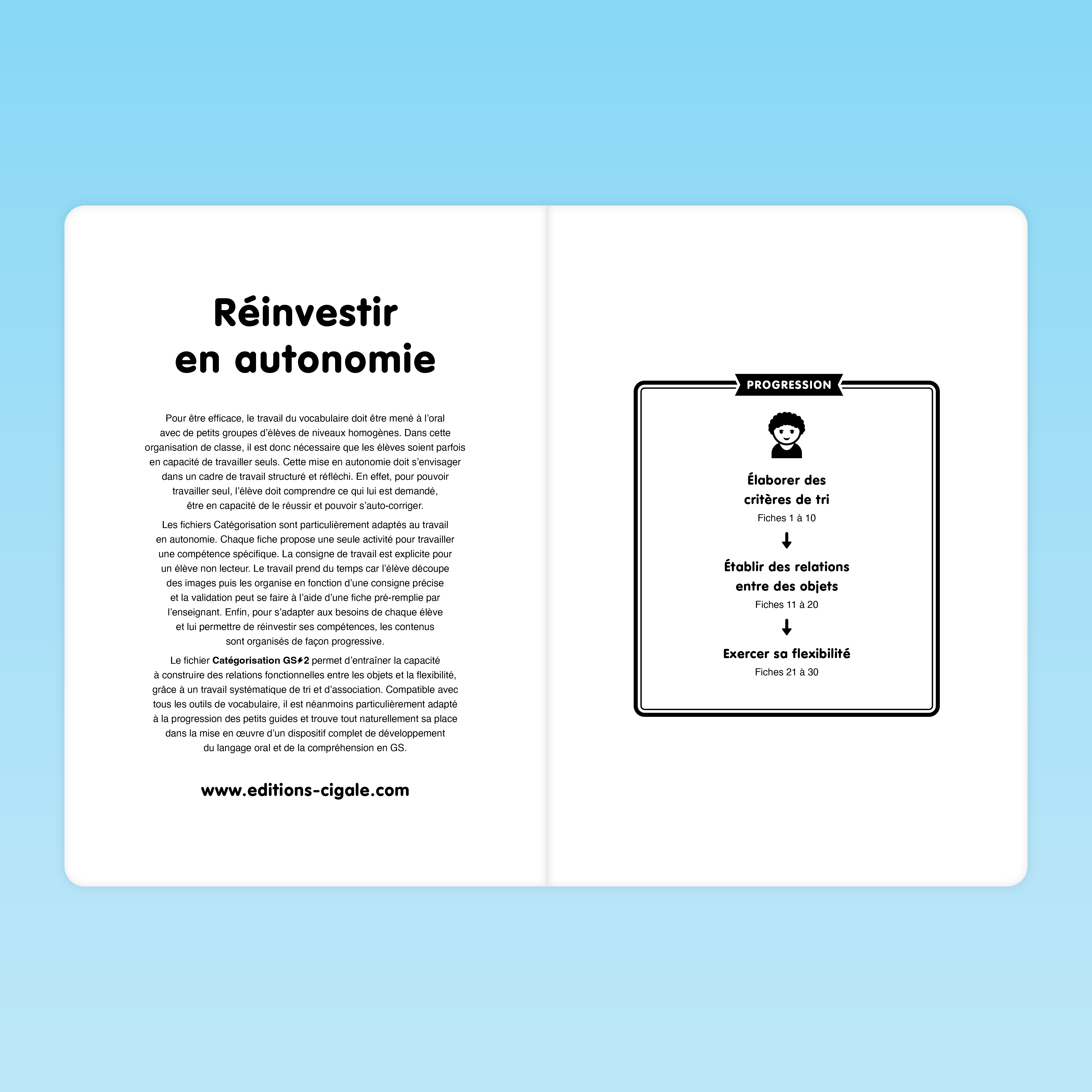 Double page présentant l’autonomie des élèves et la progression des fiches de catégorisation thématique GS