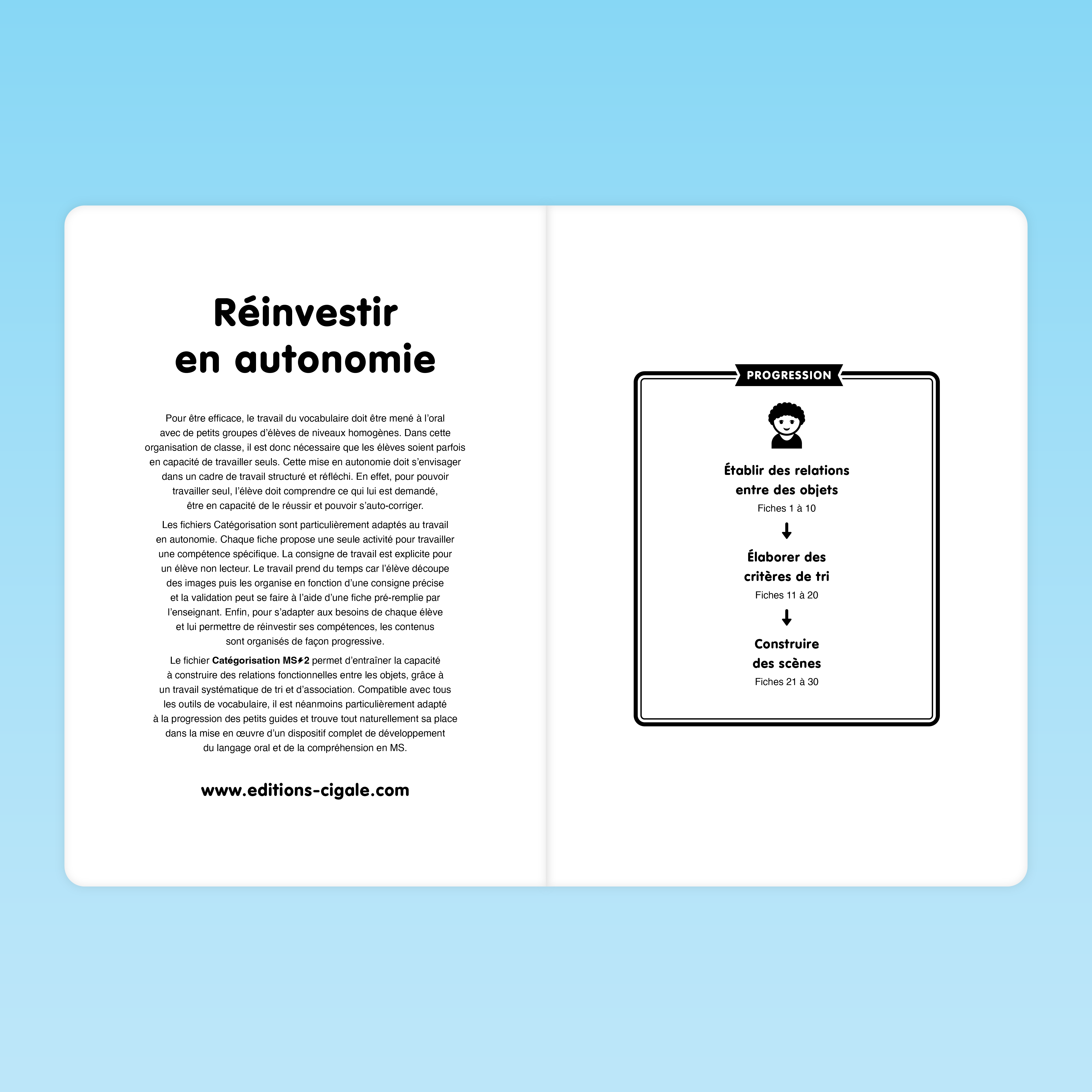 Double page expliquant l’autonomie des élèves et la progression des fiches de catégorisation thématique MS