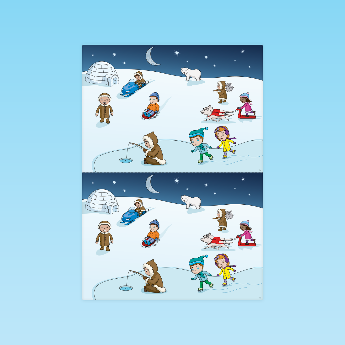 planche de fiches MS pour repérer les différences dans une grande scène hivernale avec igloo, ours polaire et enfants en traîneau