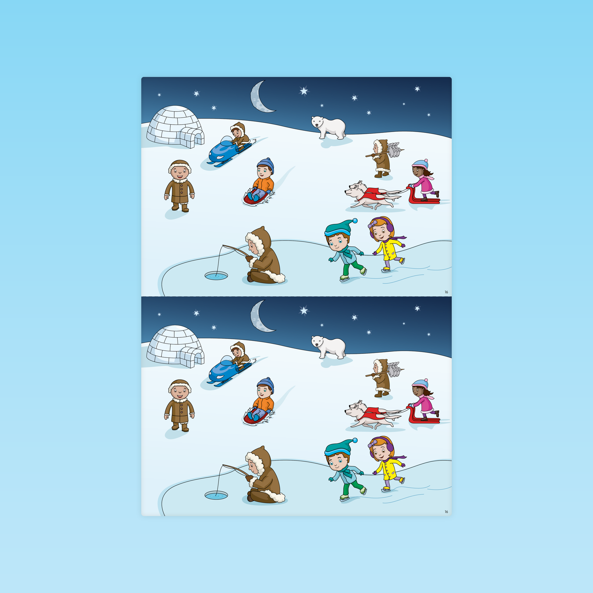 planche de fiches MS pour repérer les différences dans une grande scène hivernale avec igloo, ours polaire et enfants en traîneau