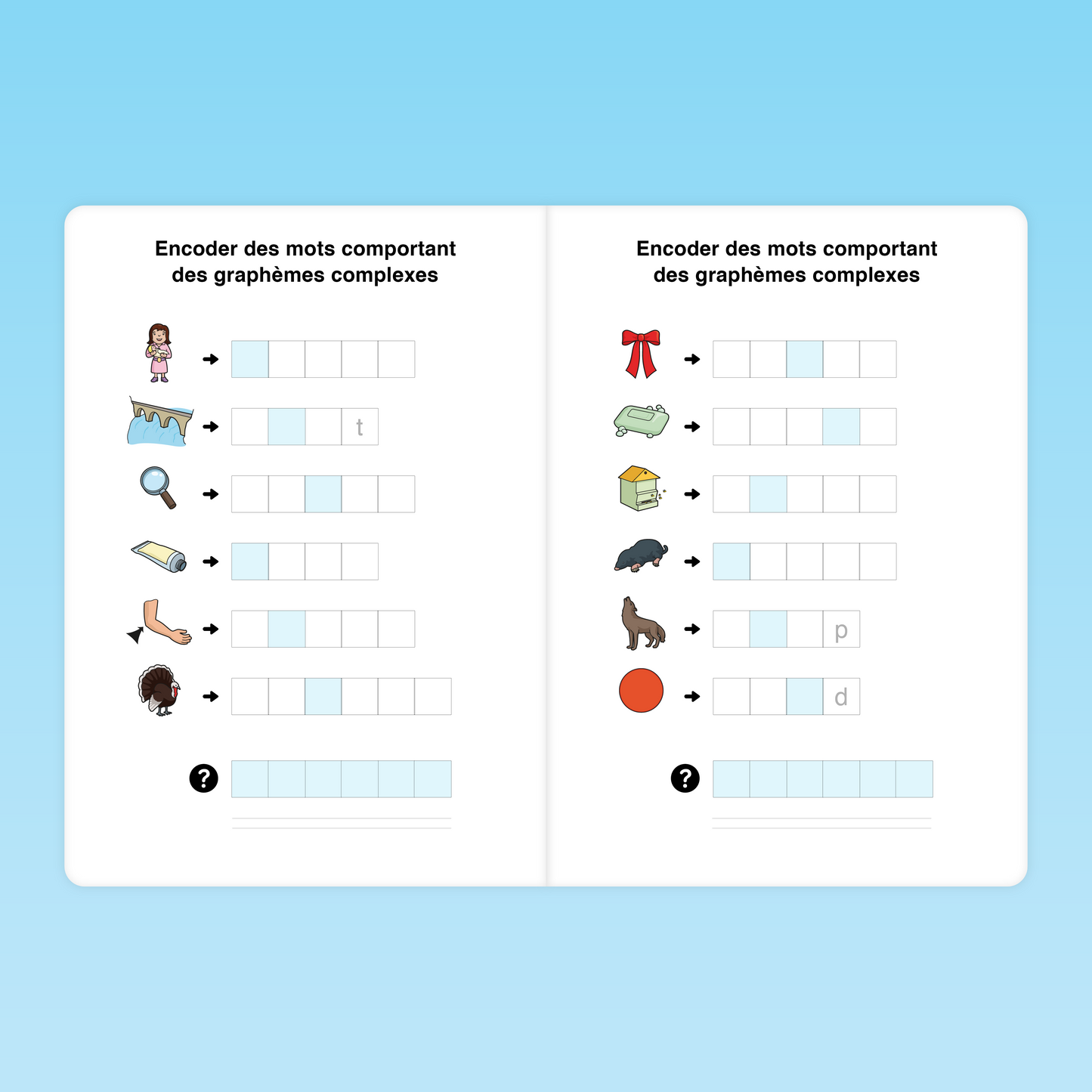 fiche d’exercice CP pour encoder des mots comportant des graphèmes complexes à partir d’illustrations