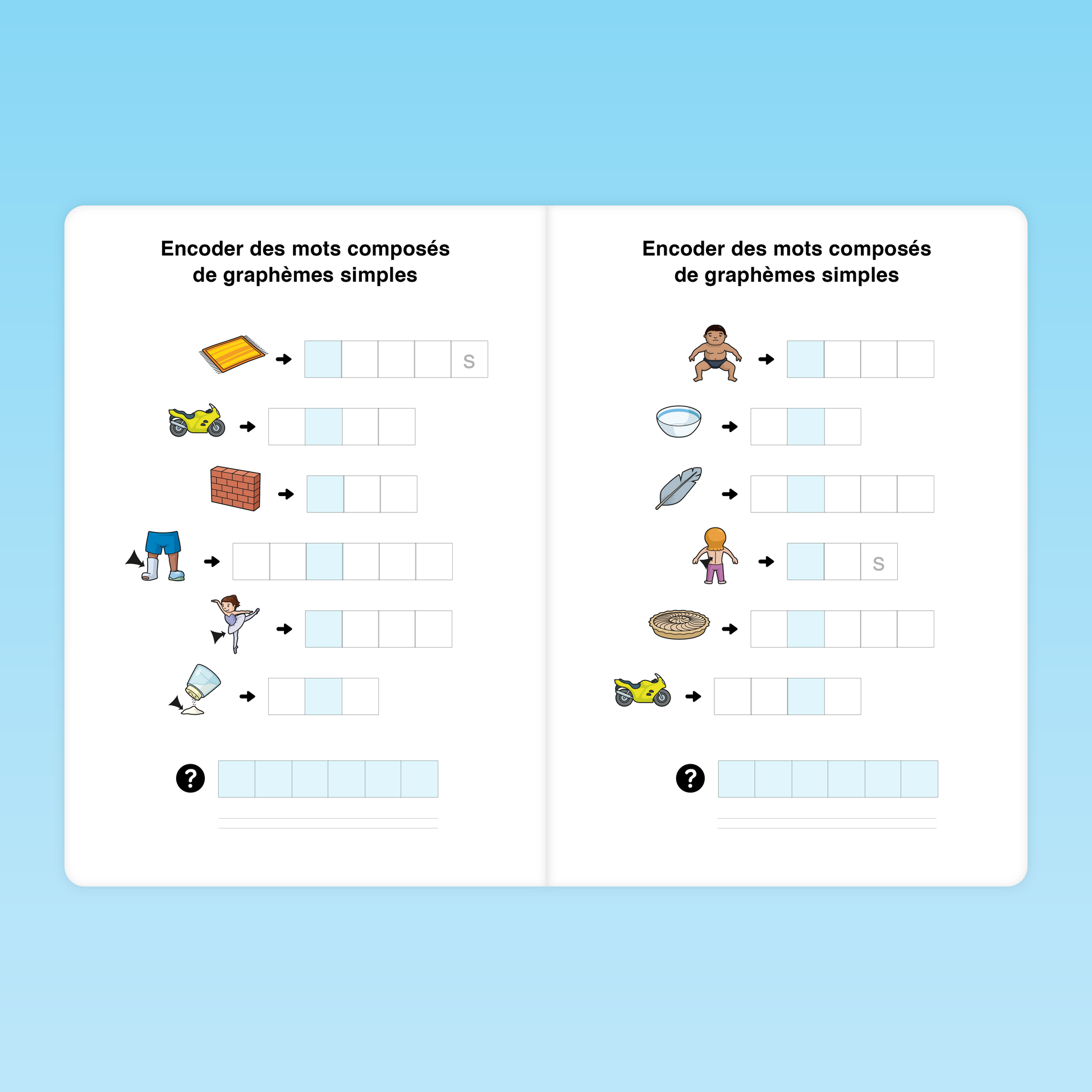 fiche d’exercice CP pour encoder des mots réguliers simples à partir d’images et placer les lettres dans les cases