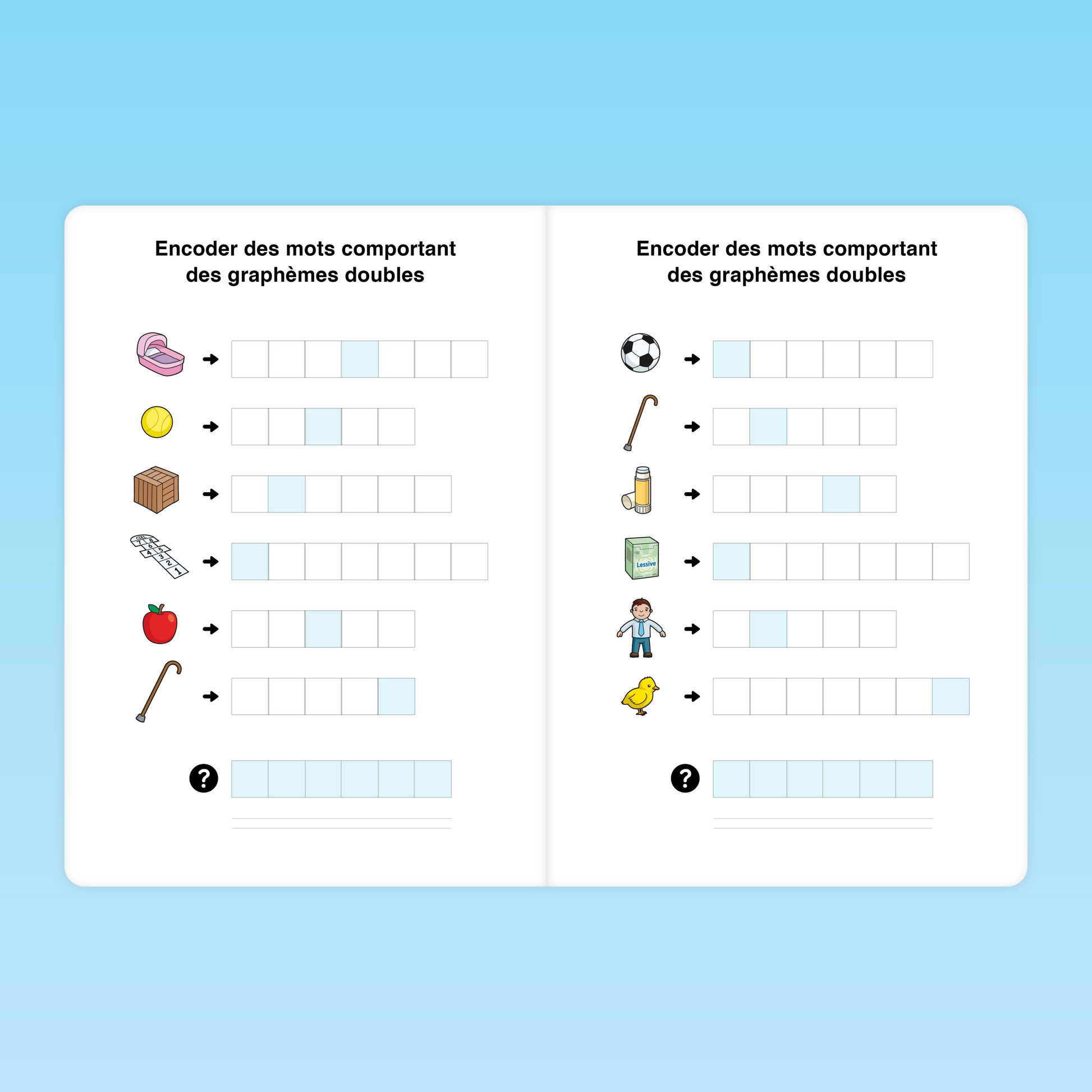 fiche CP pour encoder des mots comportant des graphèmes doubles à partir d’illustrations variées
