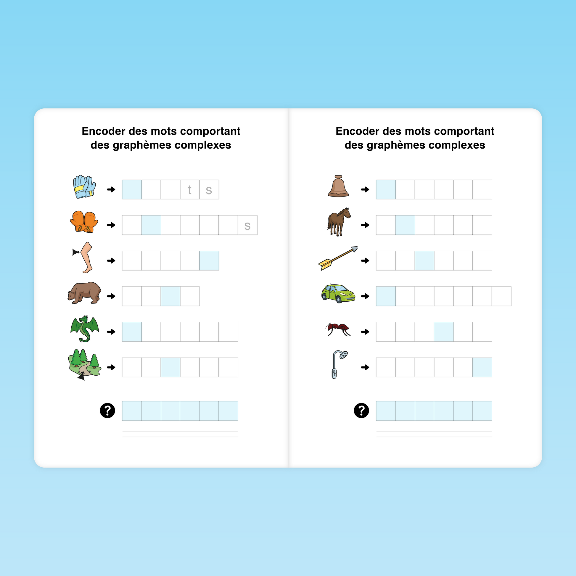 fiche CP pour encoder des mots avec graphèmes complexes illustrés par des animaux, objets et actions