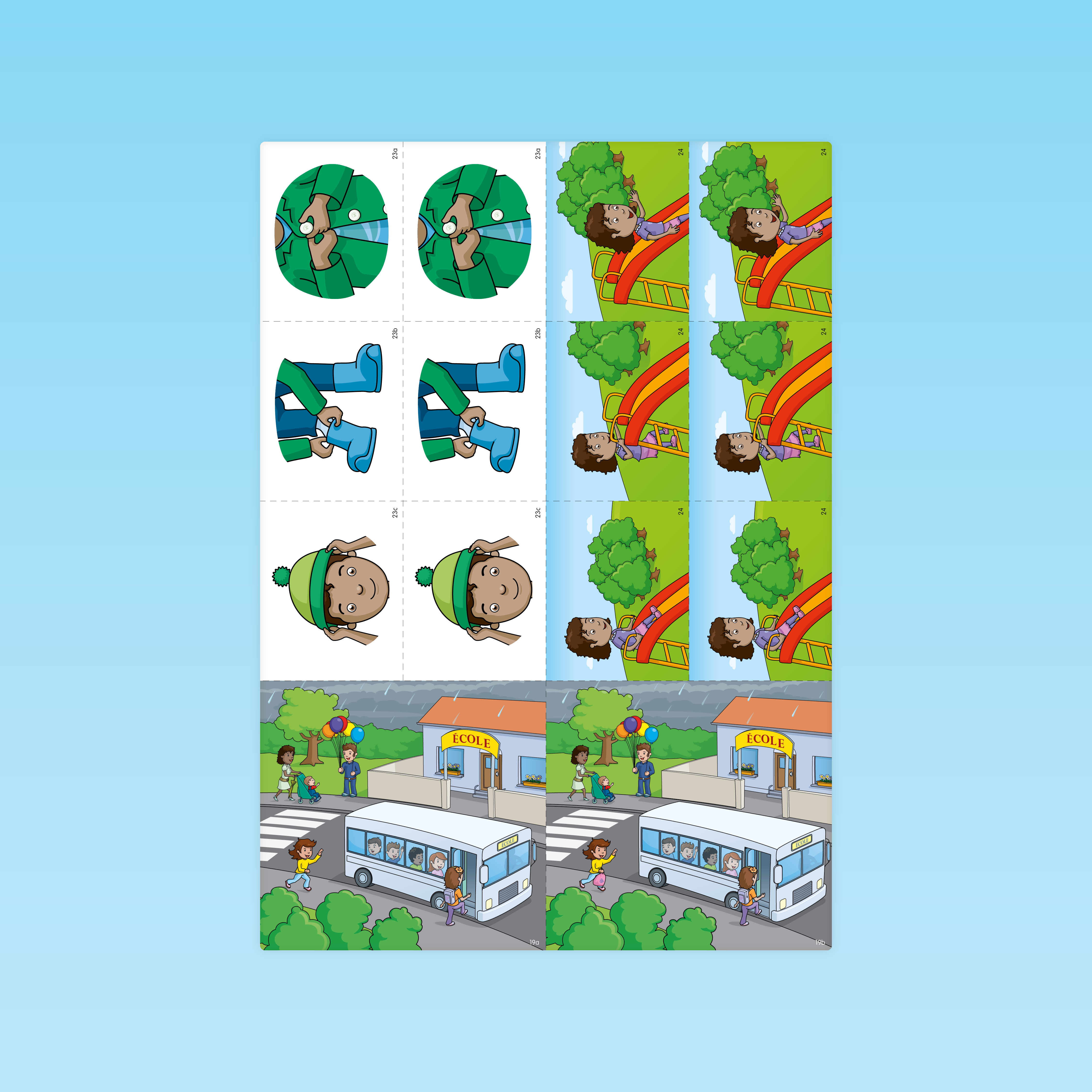 planche de fiches GS pour associer des paires (boutonner, enfiler bottes, glisser) et repérer différences dans scène bus scolaire