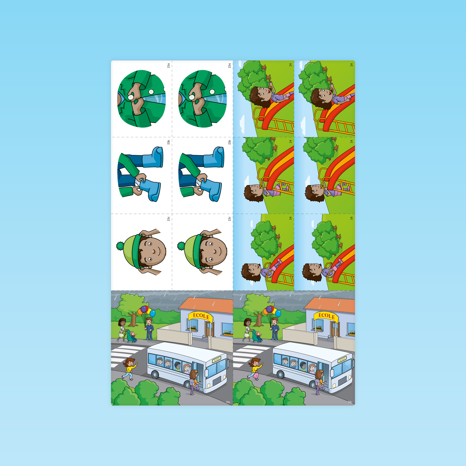 planche de fiches GS pour associer des paires (boutonner, enfiler bottes, glisser) et repérer différences dans scène bus scolaire