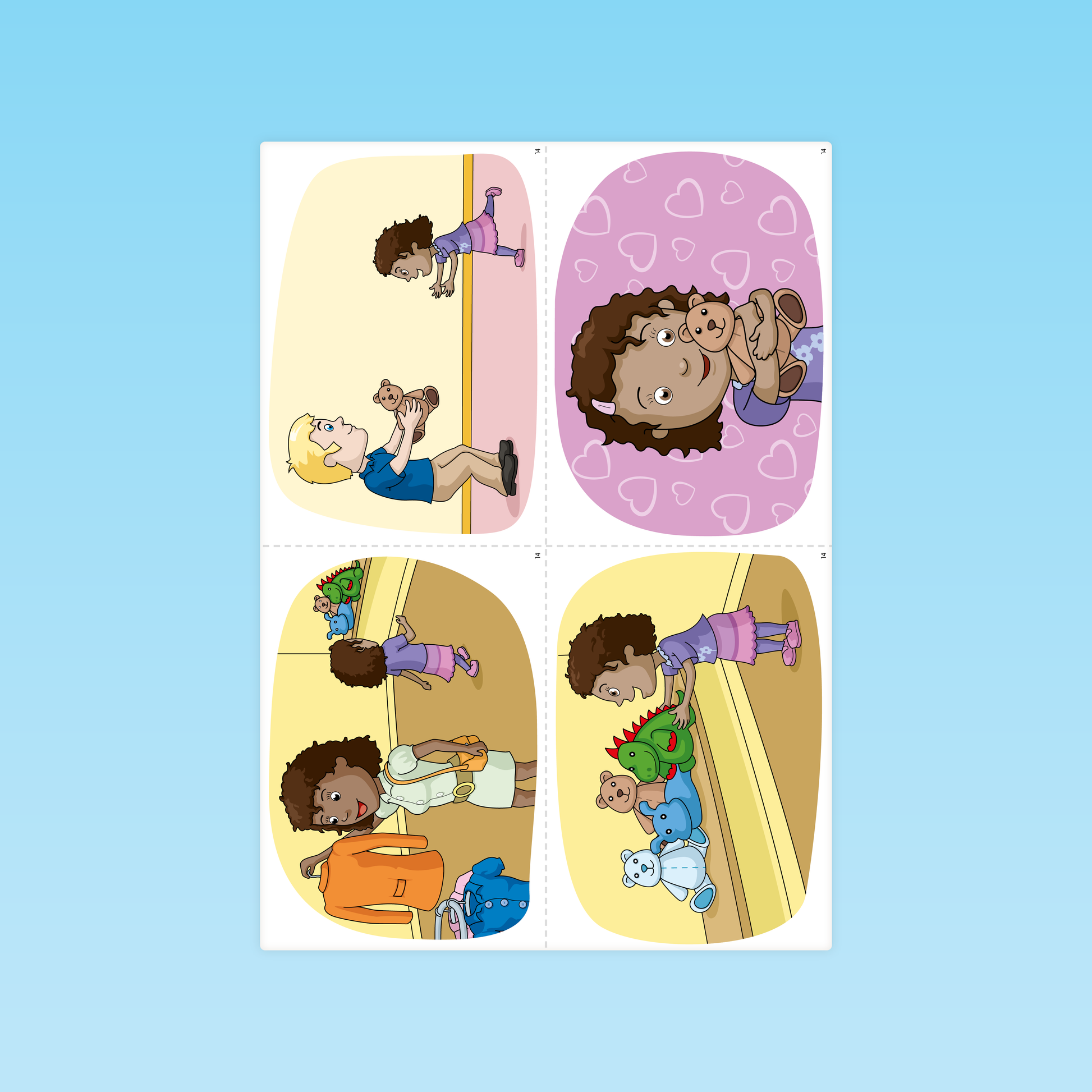 planche de fiches GS montrant la séquence d’un enfant recevant, explorant et jouant avec une peluche
