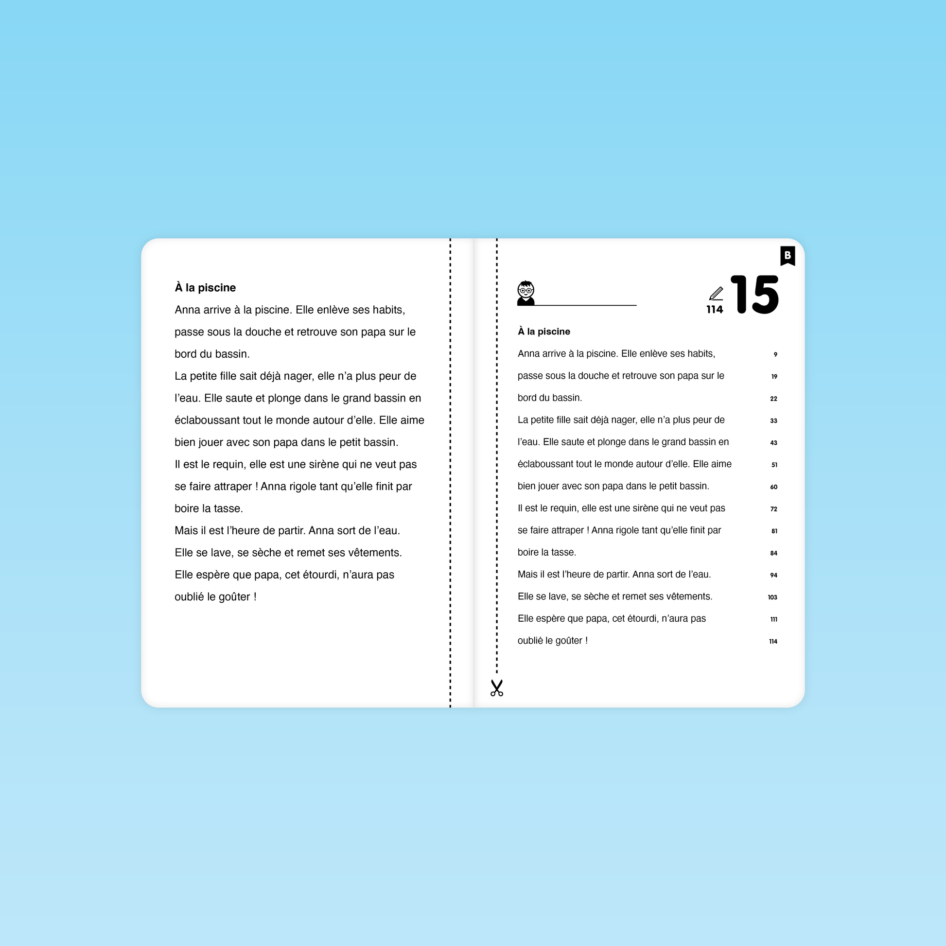 double-page du texte 15 « À la piscine » pour la séance de fluence lecture P1-P2 niveau B avec découpage et repères de mots lus par minute