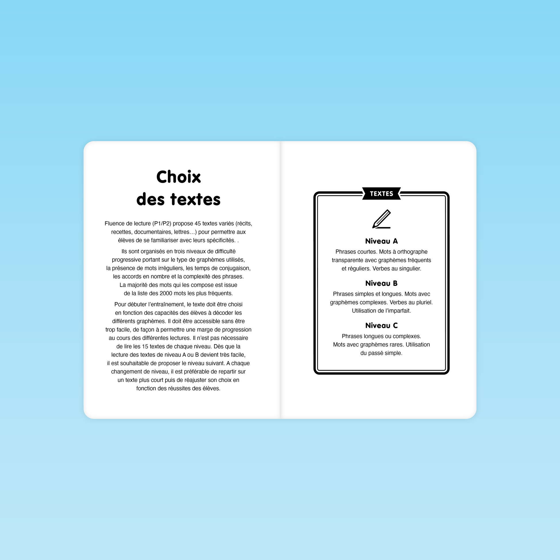 double-page choix des textes fluence P1 P2 niveau C présentant les trois niveaux A, B, C et critères de sélection des textes