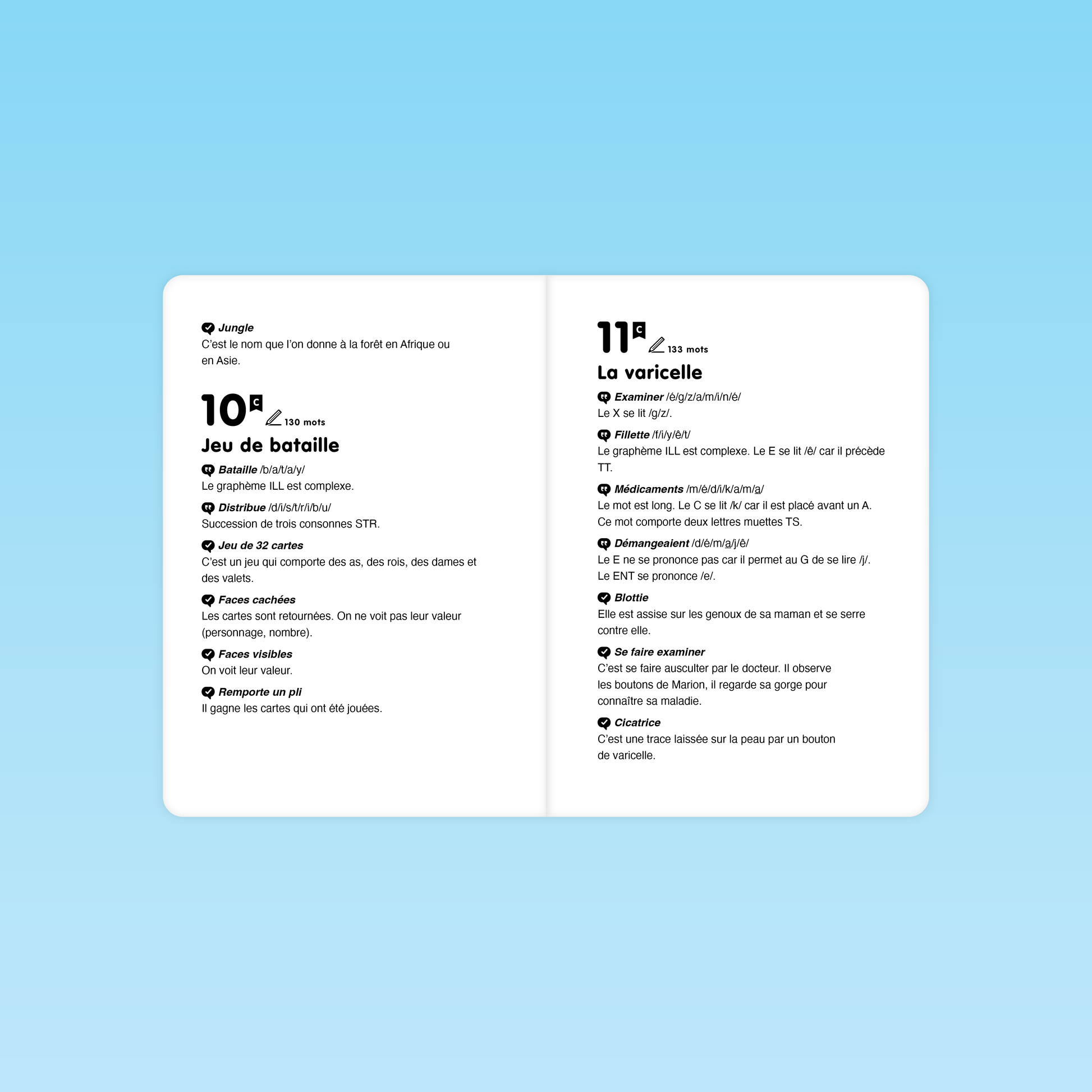 double-page lexique et définitions pour textes 10 « Jeu de bataille » et 11 « La varicelle » niveau C