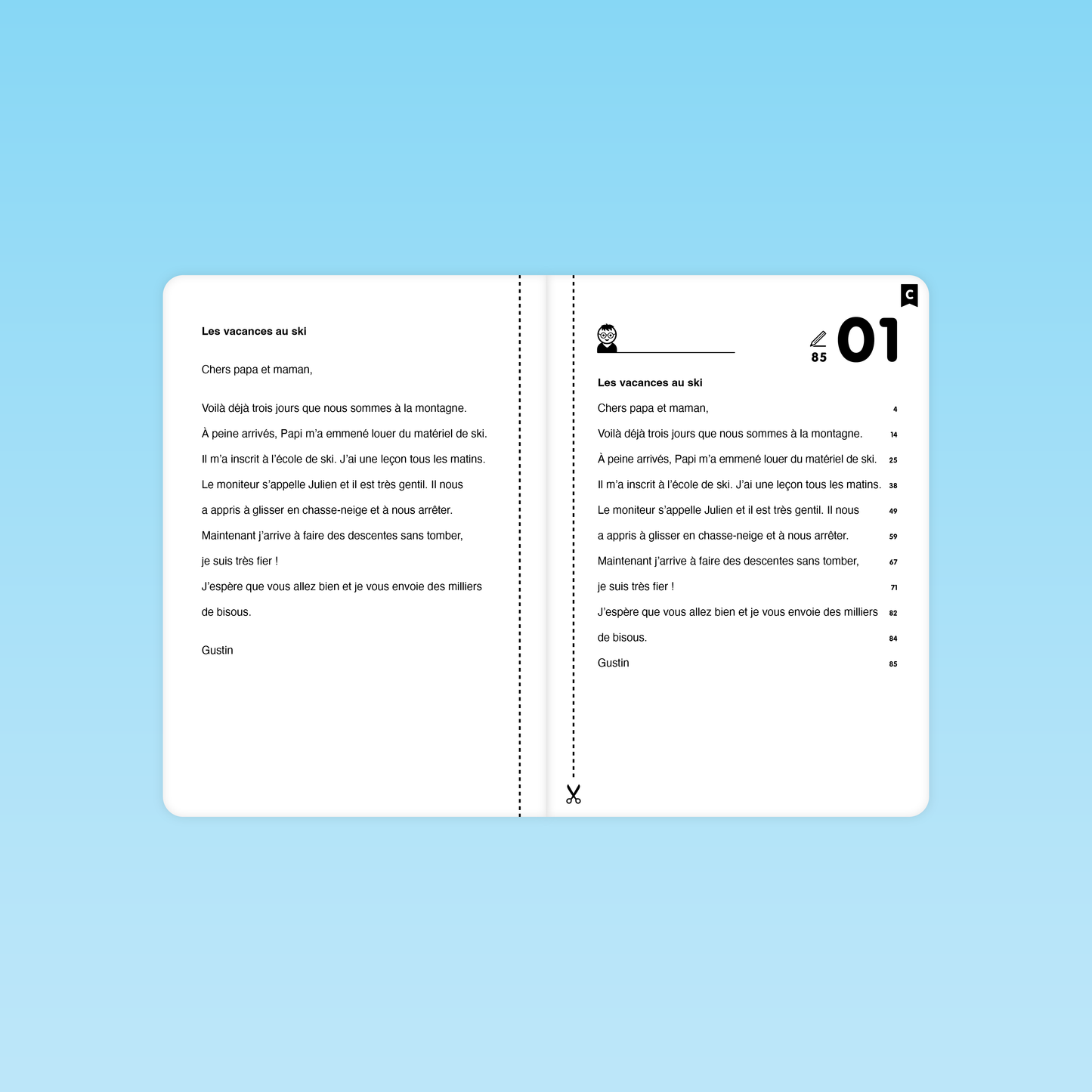 double-page texte 01 « Les vacances au ski » niveau C avec version élève et version chronométrée numérotée pour évaluation de la fluence