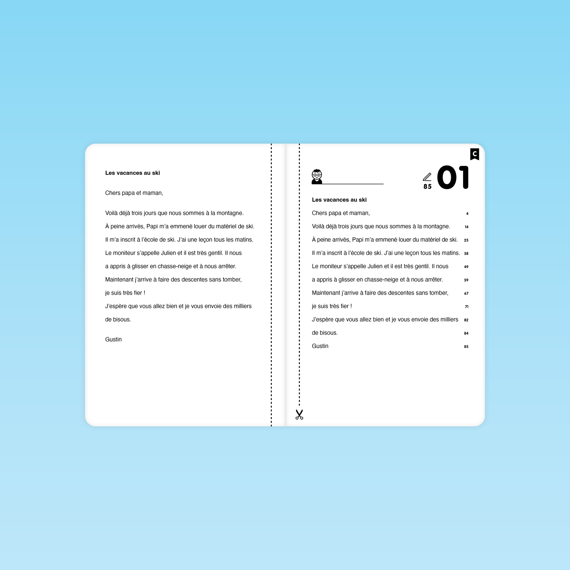 double-page texte 01 « Les vacances au ski » niveau C avec version élève et version chronométrée numérotée pour évaluation de la fluence