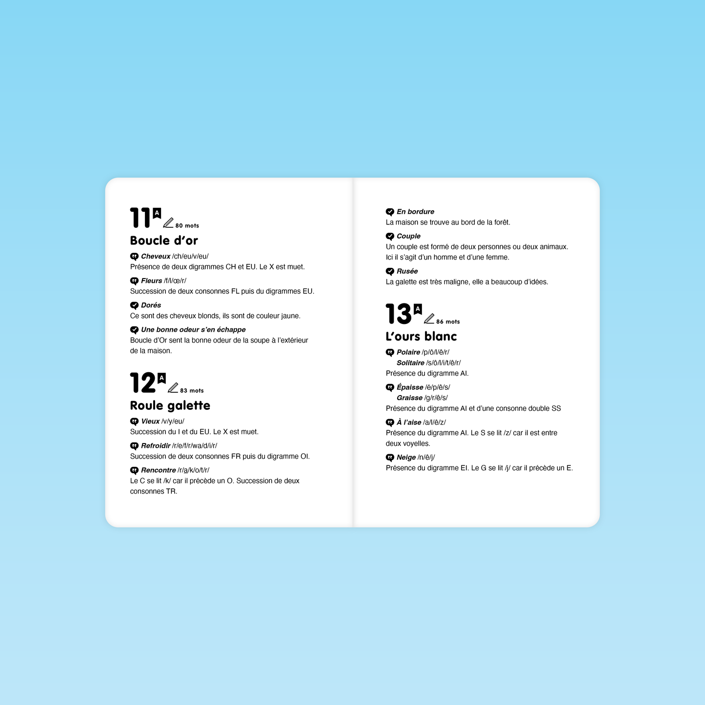 pages de lexique phonétique et vocabulaire pour les textes 11, 12 et 13 du niveau A de Fluence de lecture