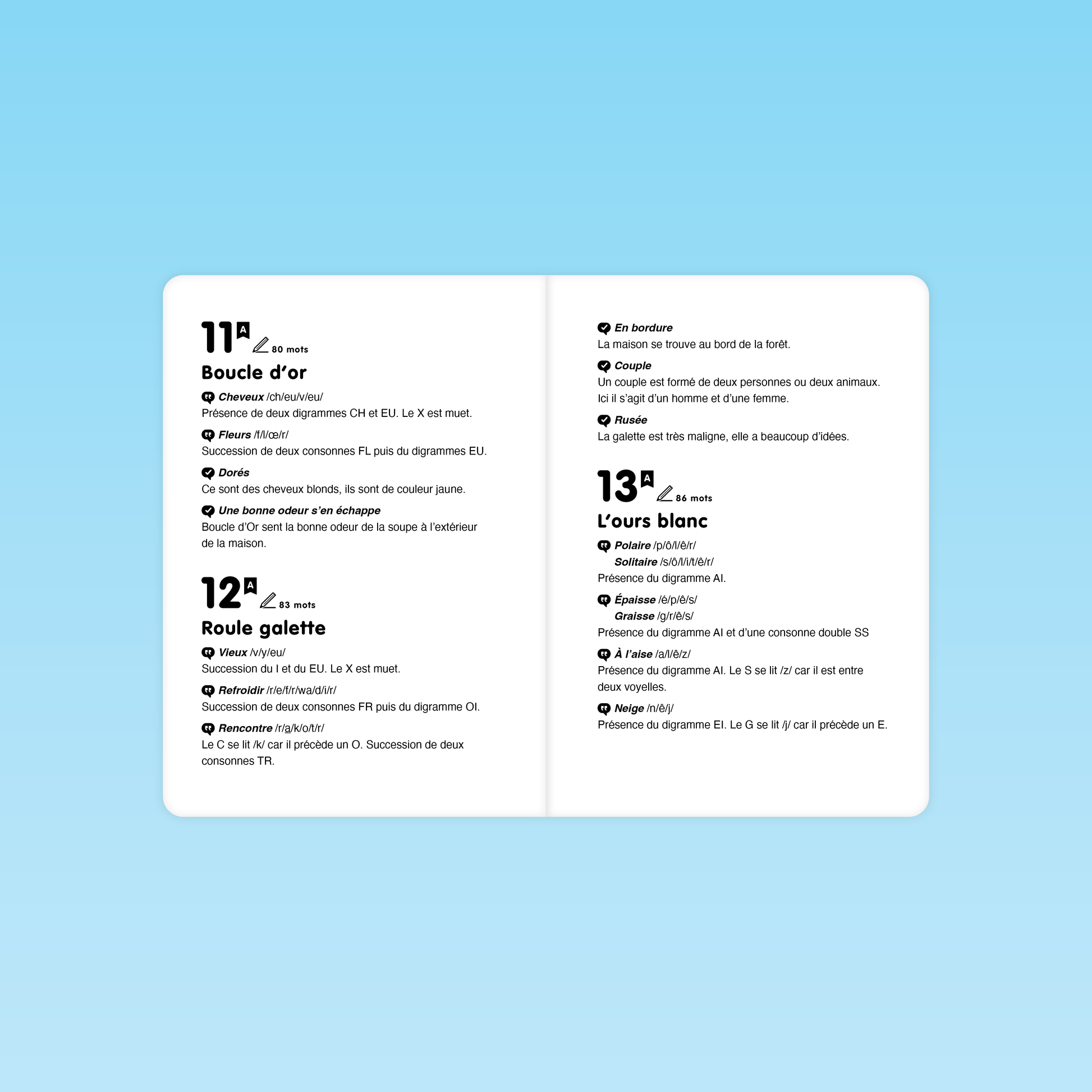 pages de lexique phonétique et vocabulaire pour les textes 11, 12 et 13 du niveau A de Fluence de lecture