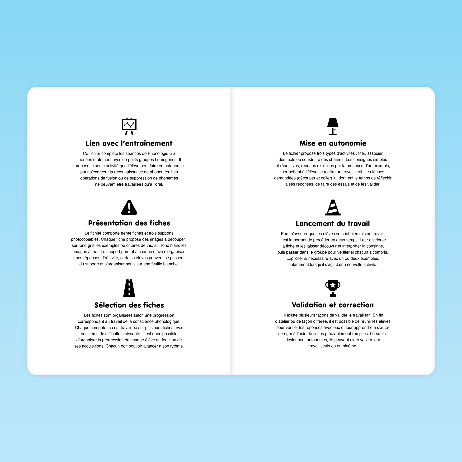 double page expliquant le fonctionnement, la sélection et l’utilisation des fiches de phonologie GS