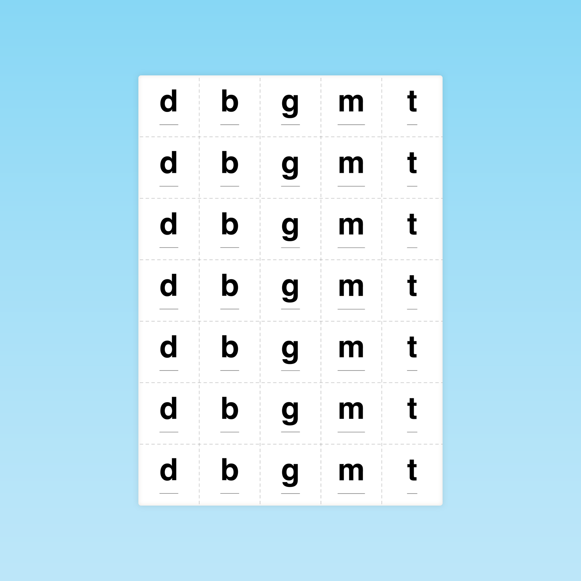 grille d’entraînement à la reconnaissance visuelle des lettres minuscules d, b, g, m, t en grande section