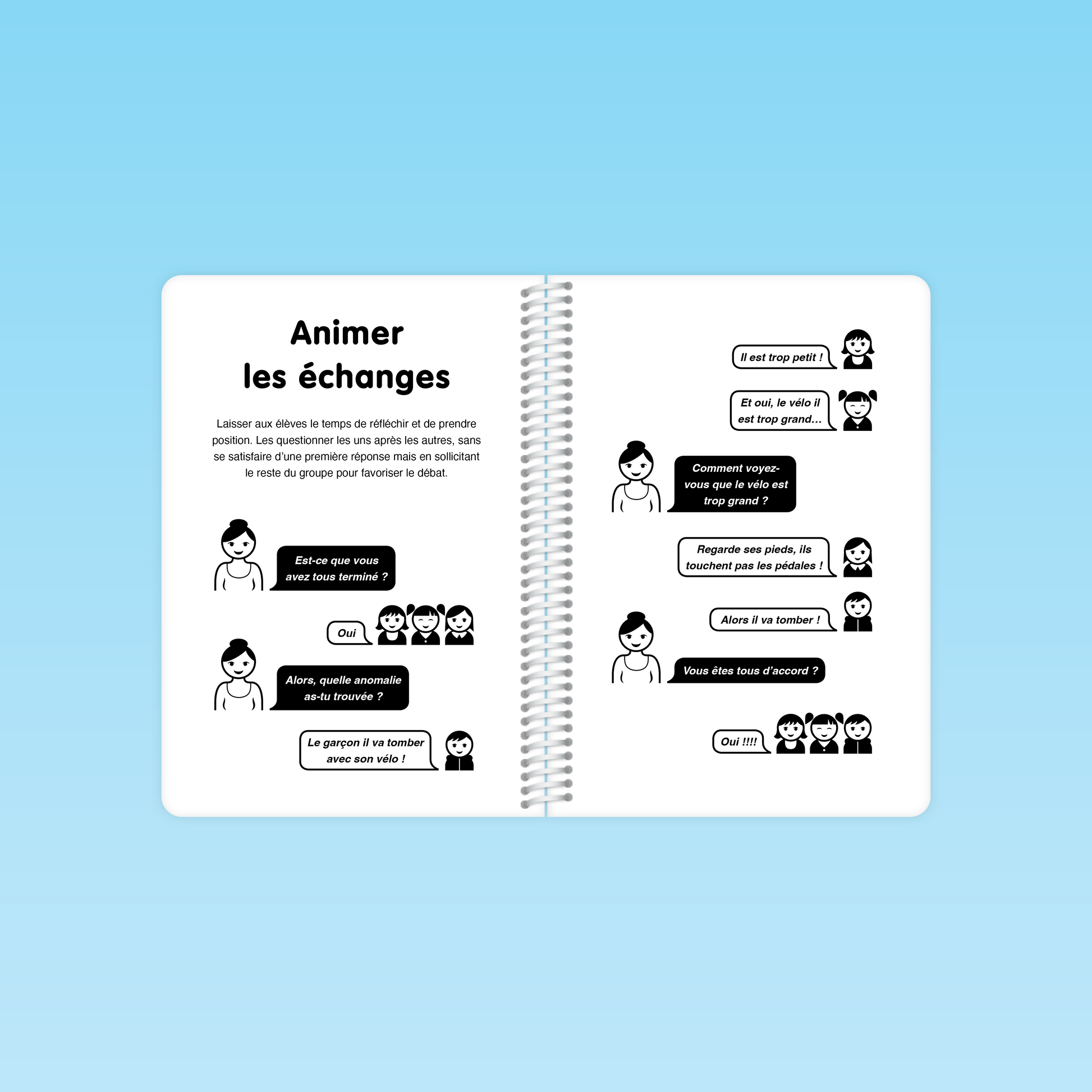 double page du guide de compréhension MS illustrant la méthode pour animer les échanges en classe