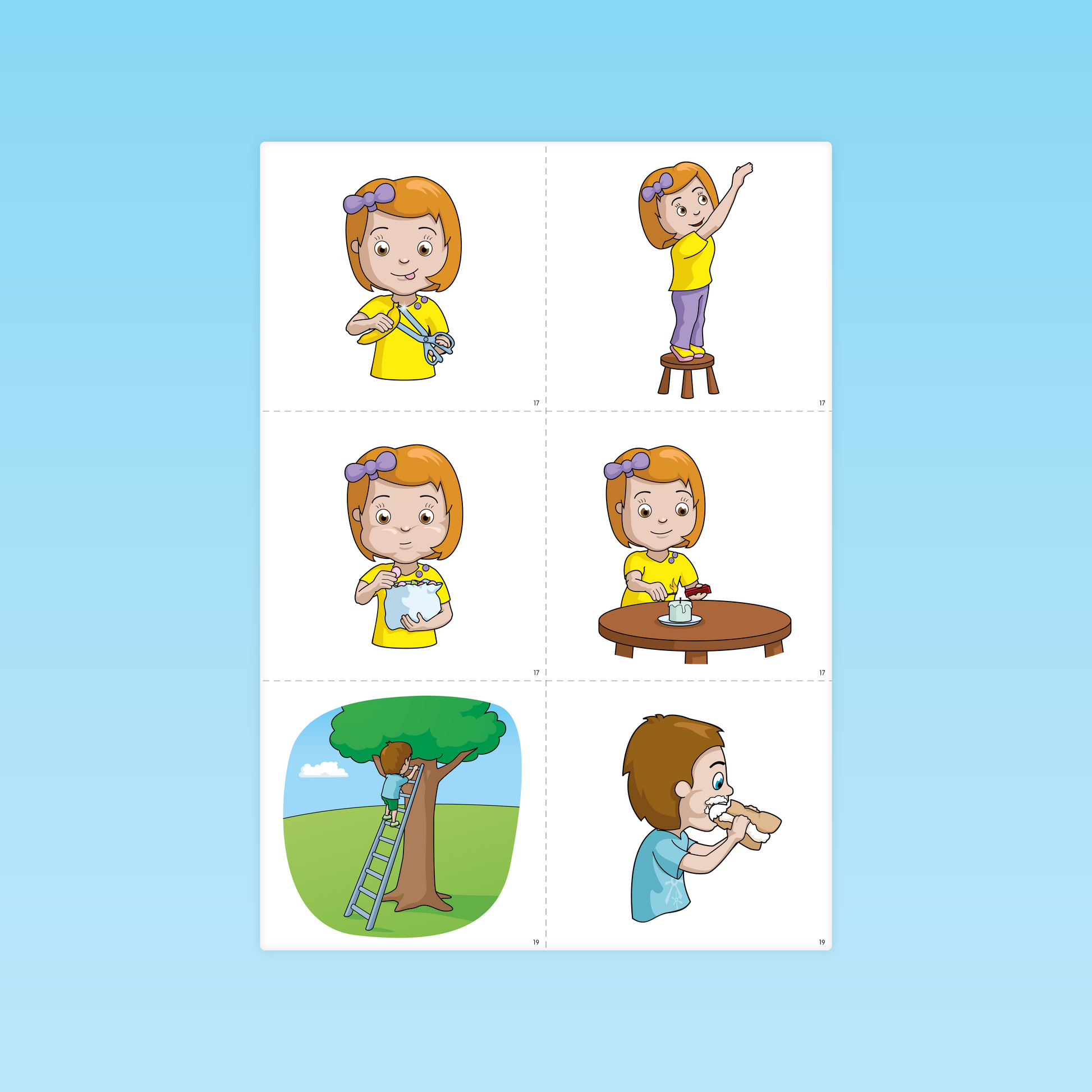 jeu de cartes de scènes MS illustrant une fillette découpant, grimpant, grignotant et un garçon dans un arbre