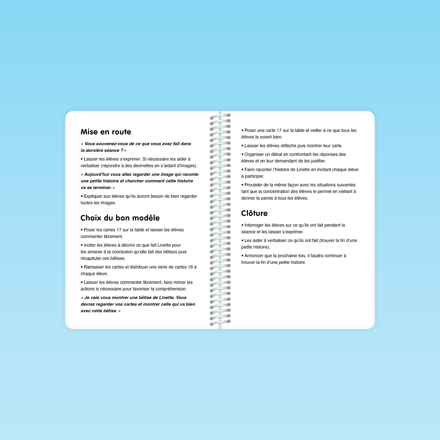 double page du guide de compréhension MS détaillant les consignes de mise en route, choix du bon modèle et clôture des séances 17 et 18
