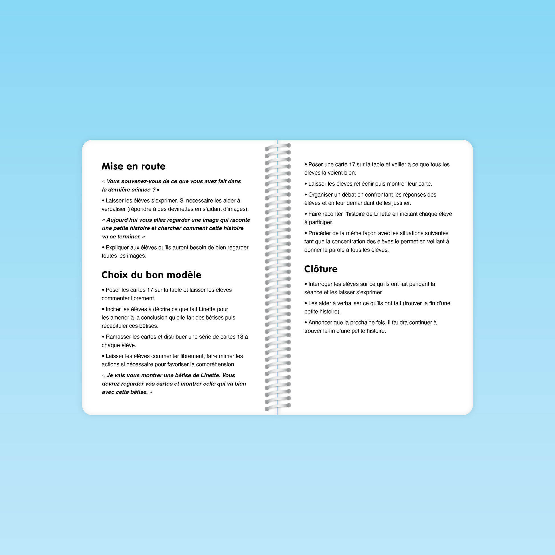 double page du guide de compréhension MS détaillant les consignes de mise en route, choix du bon modèle et clôture des séances 17 et 18