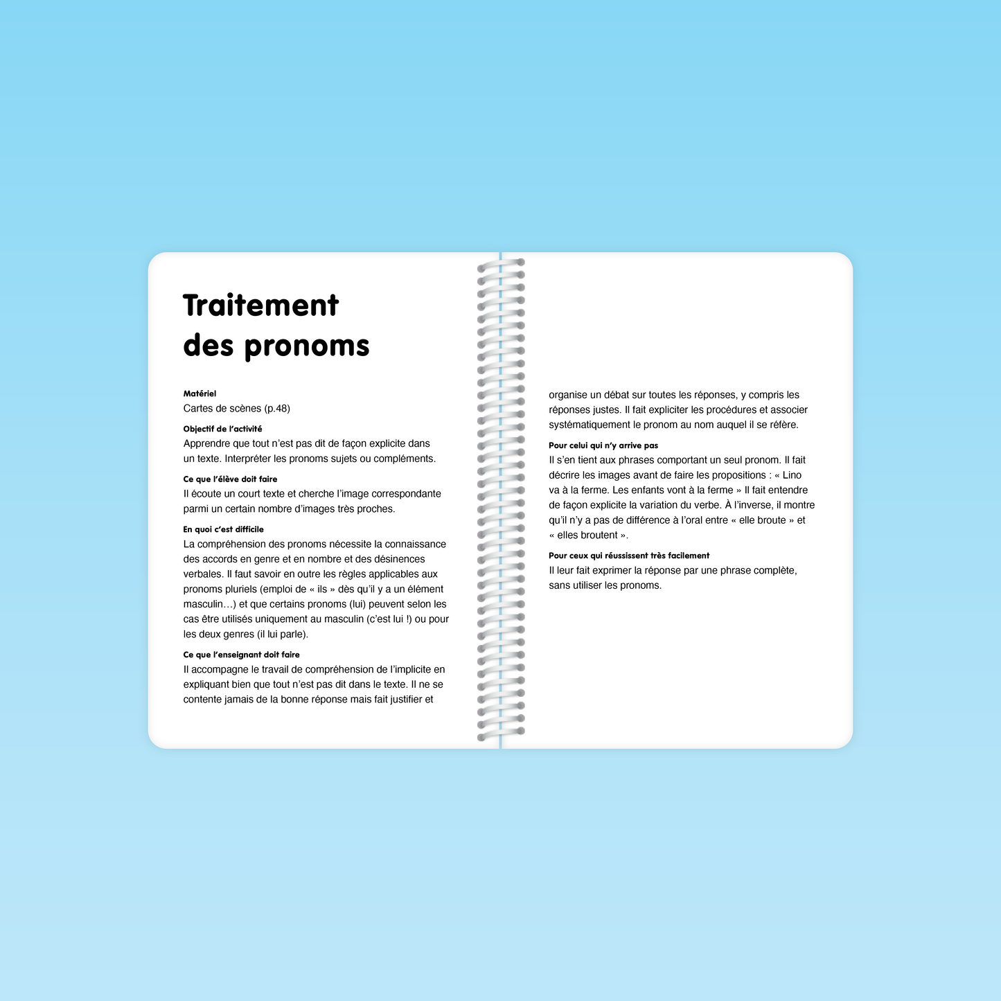 double page du guide de compréhension MS expliquant le traitement des pronoms à travers des scènes